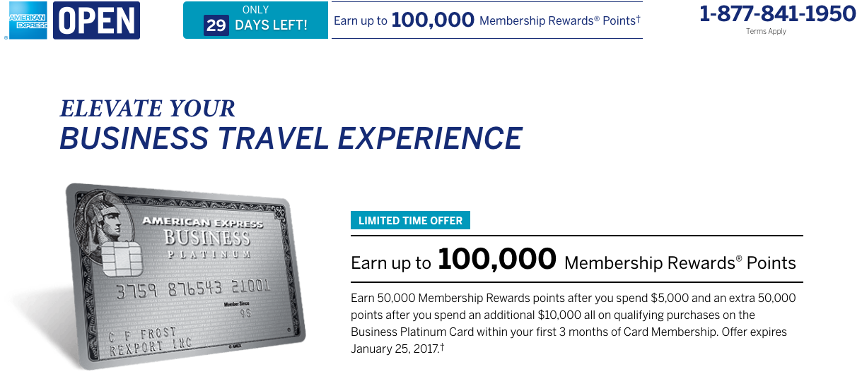 Through January 25, 2017, American Express is offering up to 100,000 bonus Membership Rewards Points on the Enhanced Business Platinum Card.