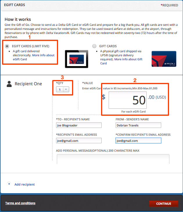 Delta.com gift card purchase screen.