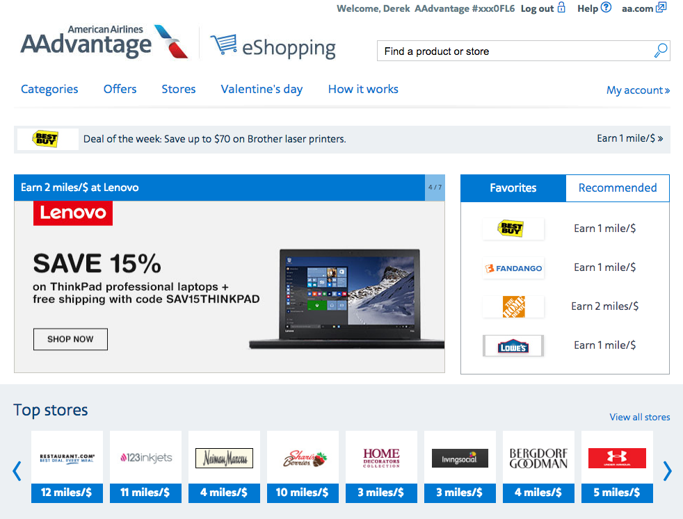 American Airlines AAdvantage eShopping portal lets you earn miles at numerous sites (click to enlarge)