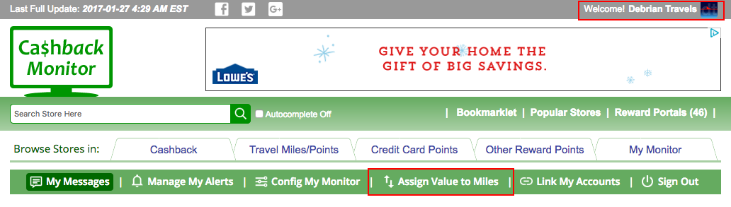 Assigning value to miles in Cashback Monitor: User Settings (click to enlarge)