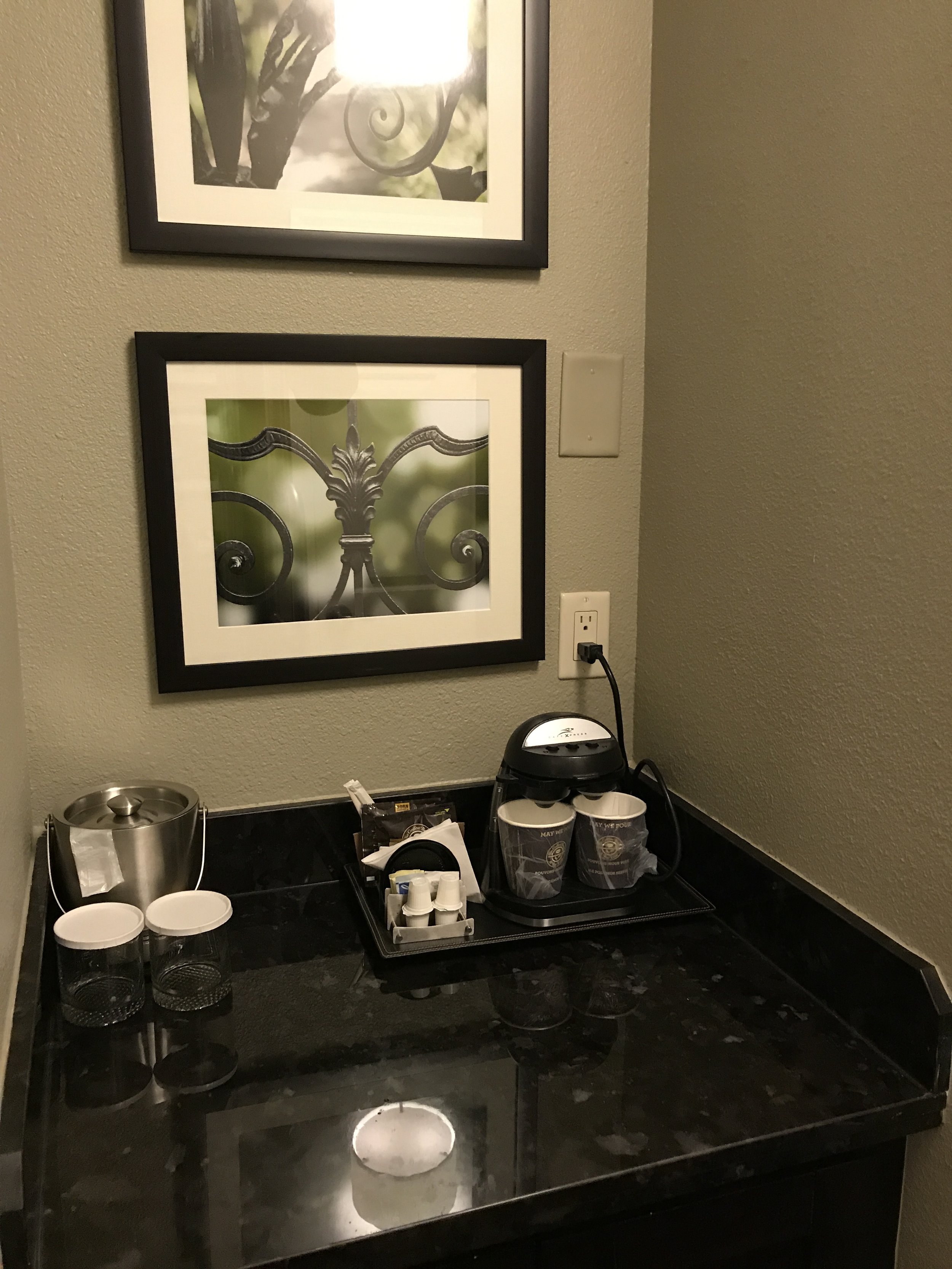 Coffee nook which included room safe and mini-refrigerator