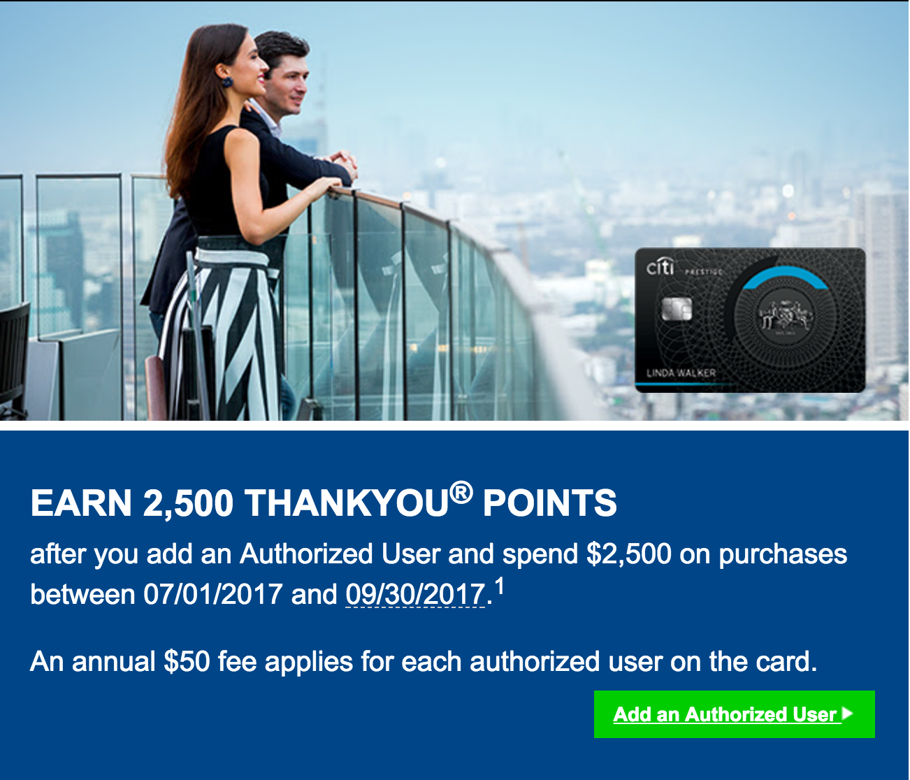 Citibank is offering 2,500 bonus ThankYou Points for adding an authorized and spending $2,500
