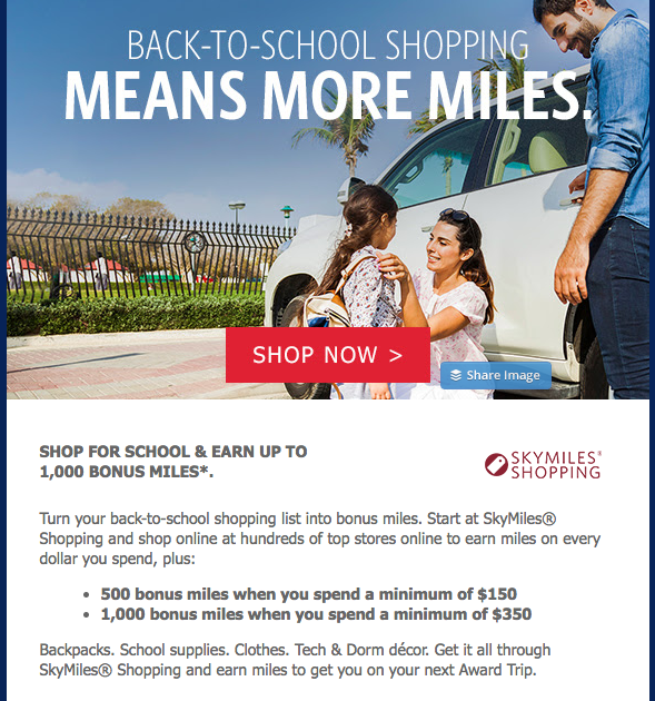 Delta SkyMiles Shopping Back-to-School bonus miles promotion (click to enlarge)