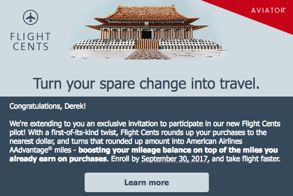 Email inviting me to AAdvantage Aviator Flight Cents pilot program