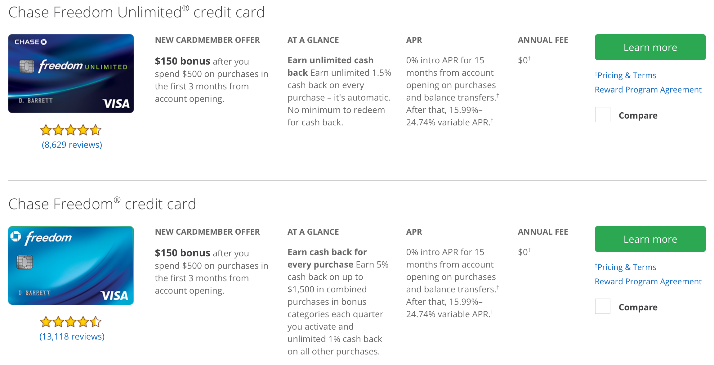 Comparison of the Chase Freedom Unlimited and Chase Freedom cards (click to enlarge)