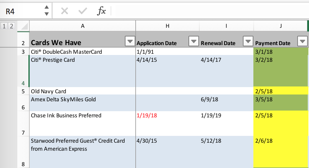 I note the date I applied for the card, its renewal date and when my payment is due. (click to enlarge)