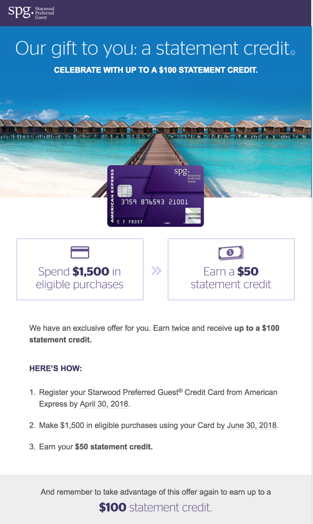 Spend promotion for my consumer Amex Starwood Preferred Guest Credit Card.