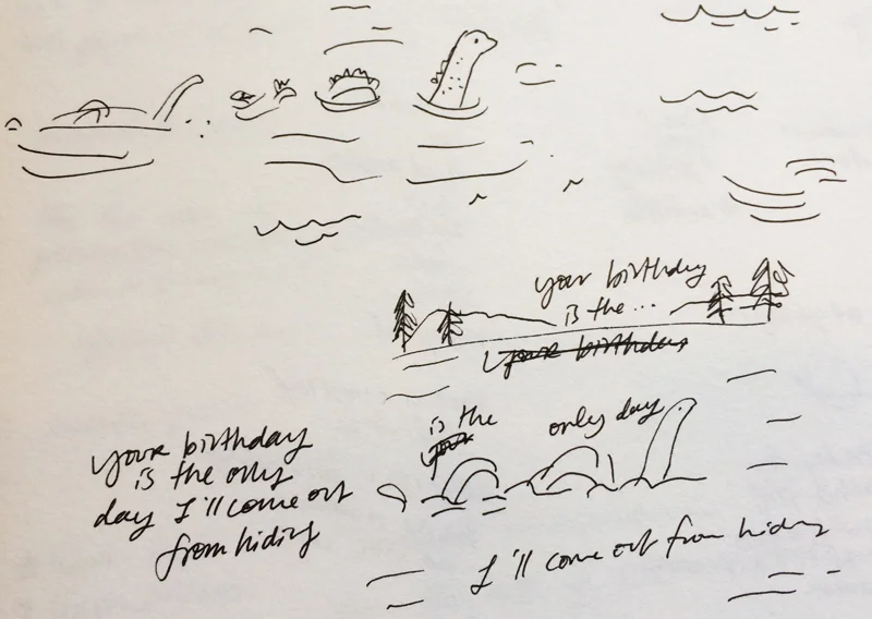 Initial sketch and phrasing of the ‘Loch Ness Monster’ birthday card.