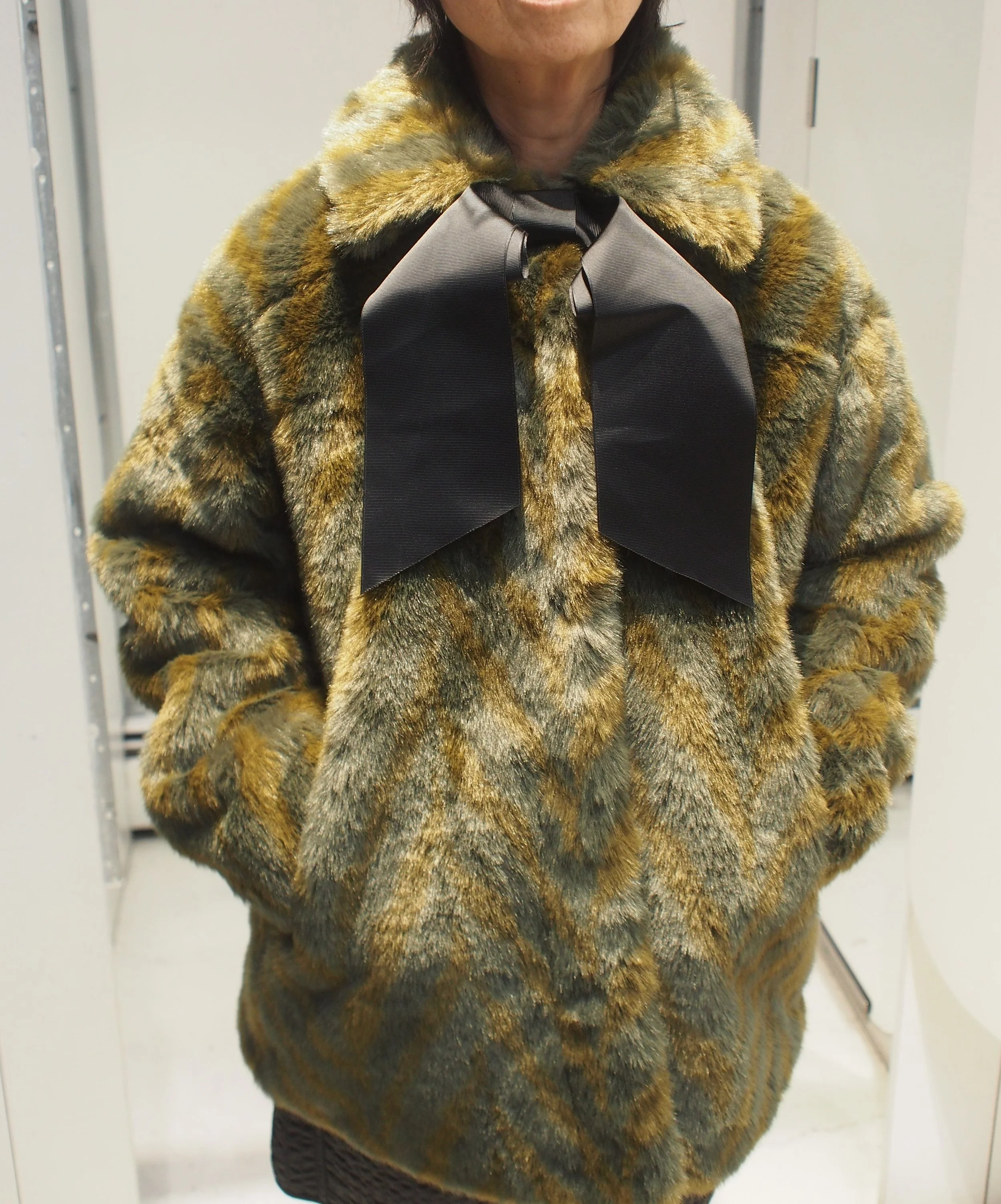 Scotch & Soda A-line Faux Fur Coat - Olive Chevron — GLOBAL ATOMIC
