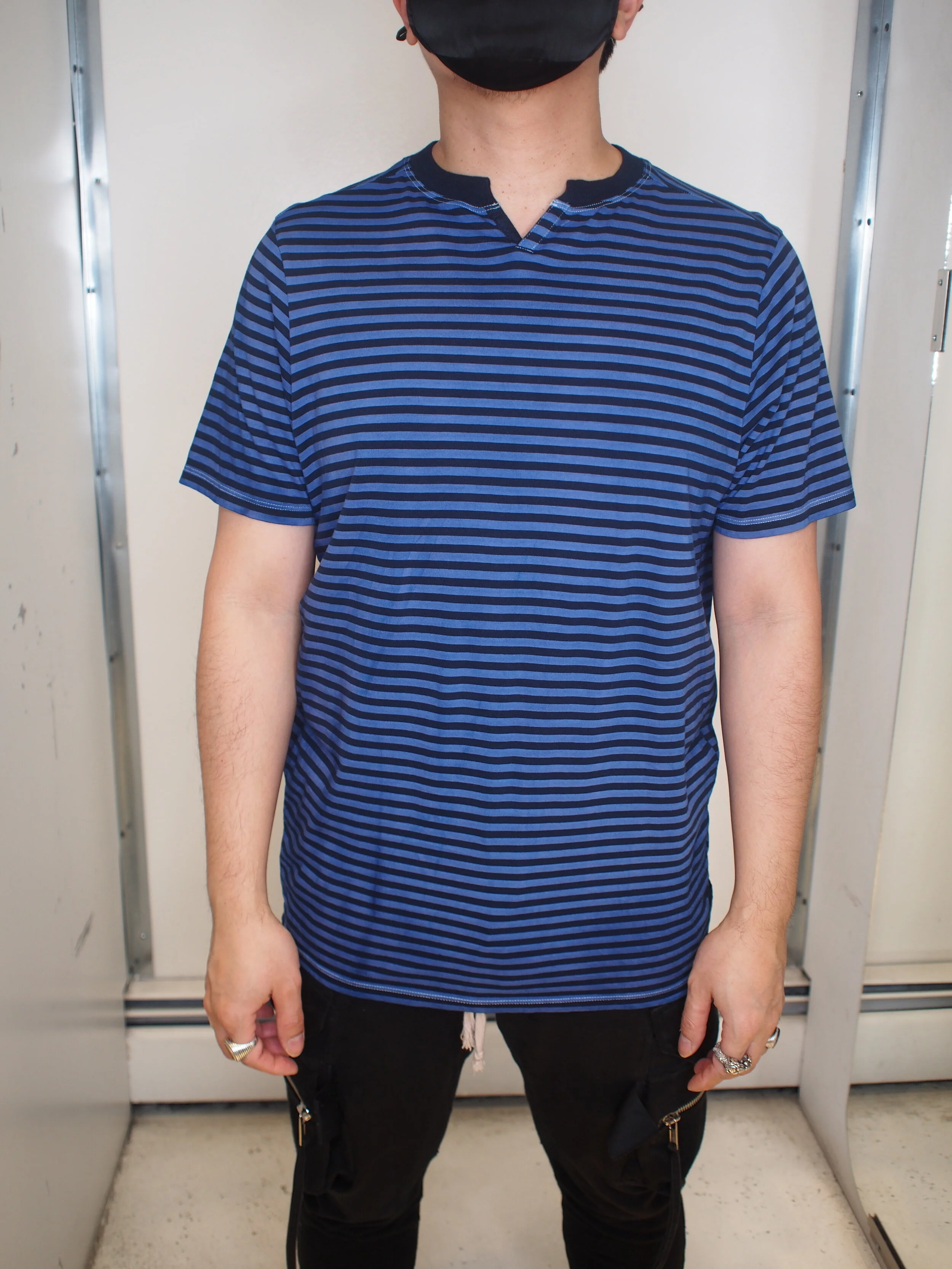 Good Man Brand stripe jersey razor notch neck Tshirt - OD Blue Water