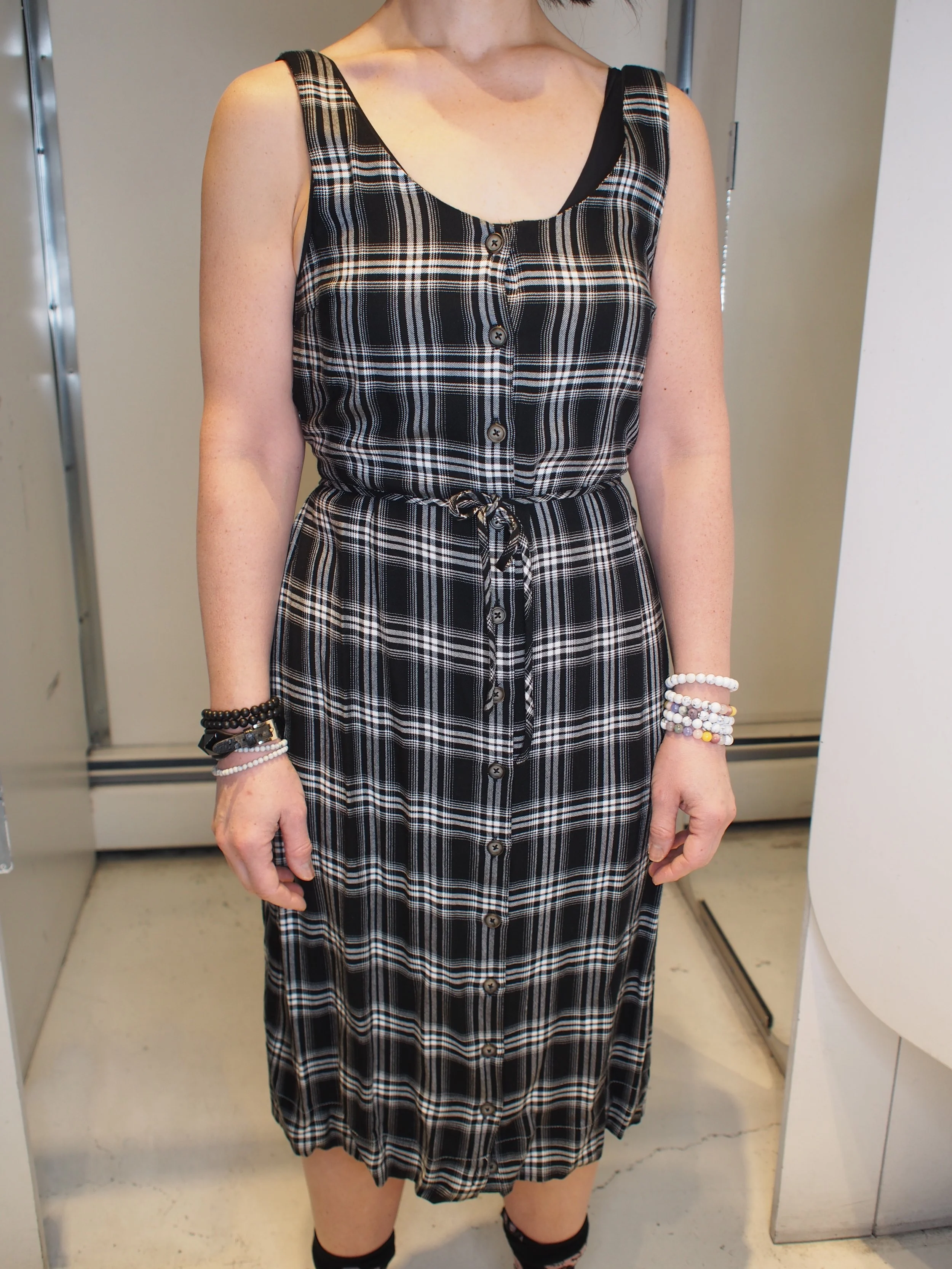 Afends Lovecats tartan button front midi dress
