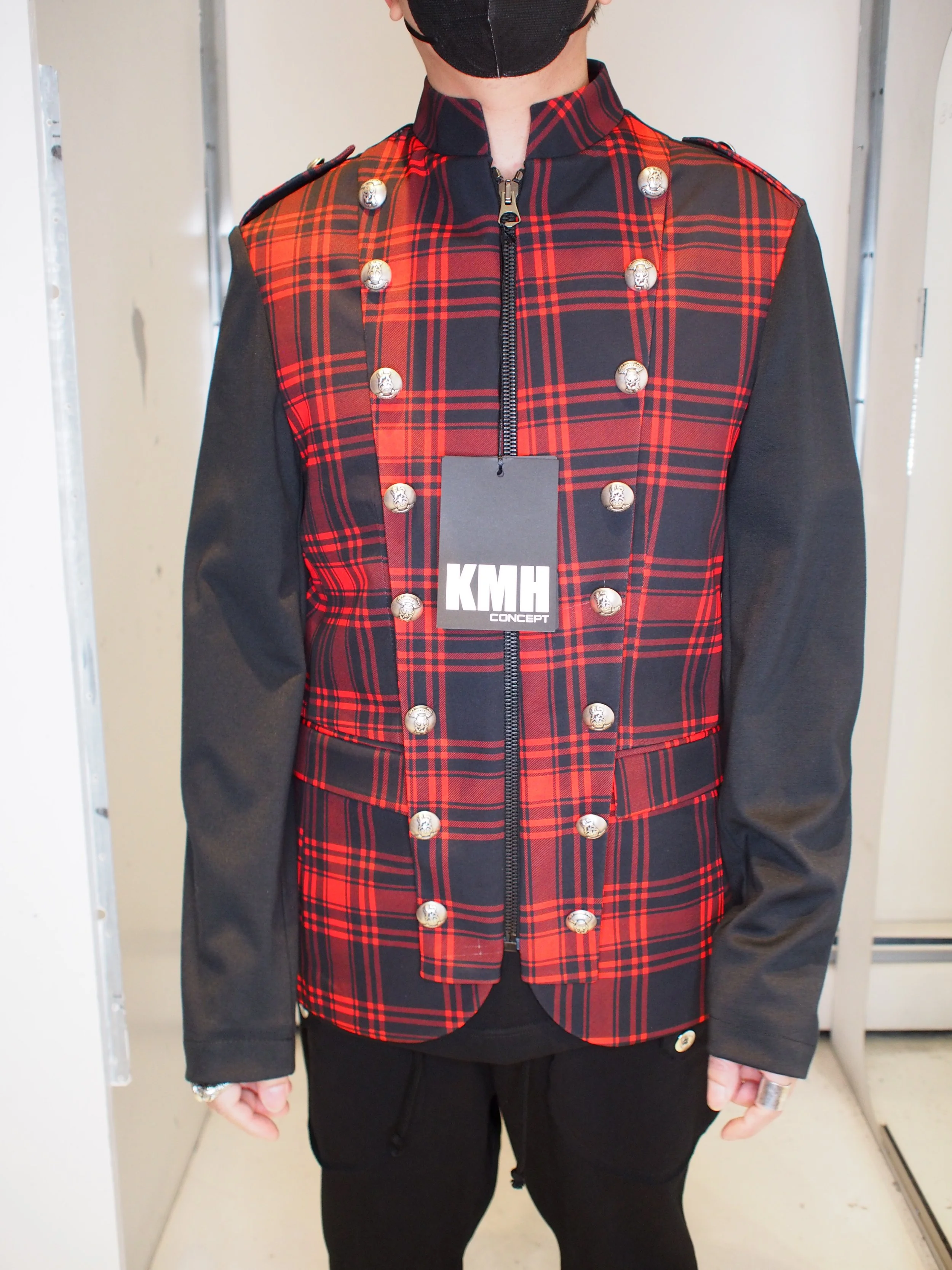 Karl Mommoo Napoleon  Zip Jacket with Tartan Print - Black/Red