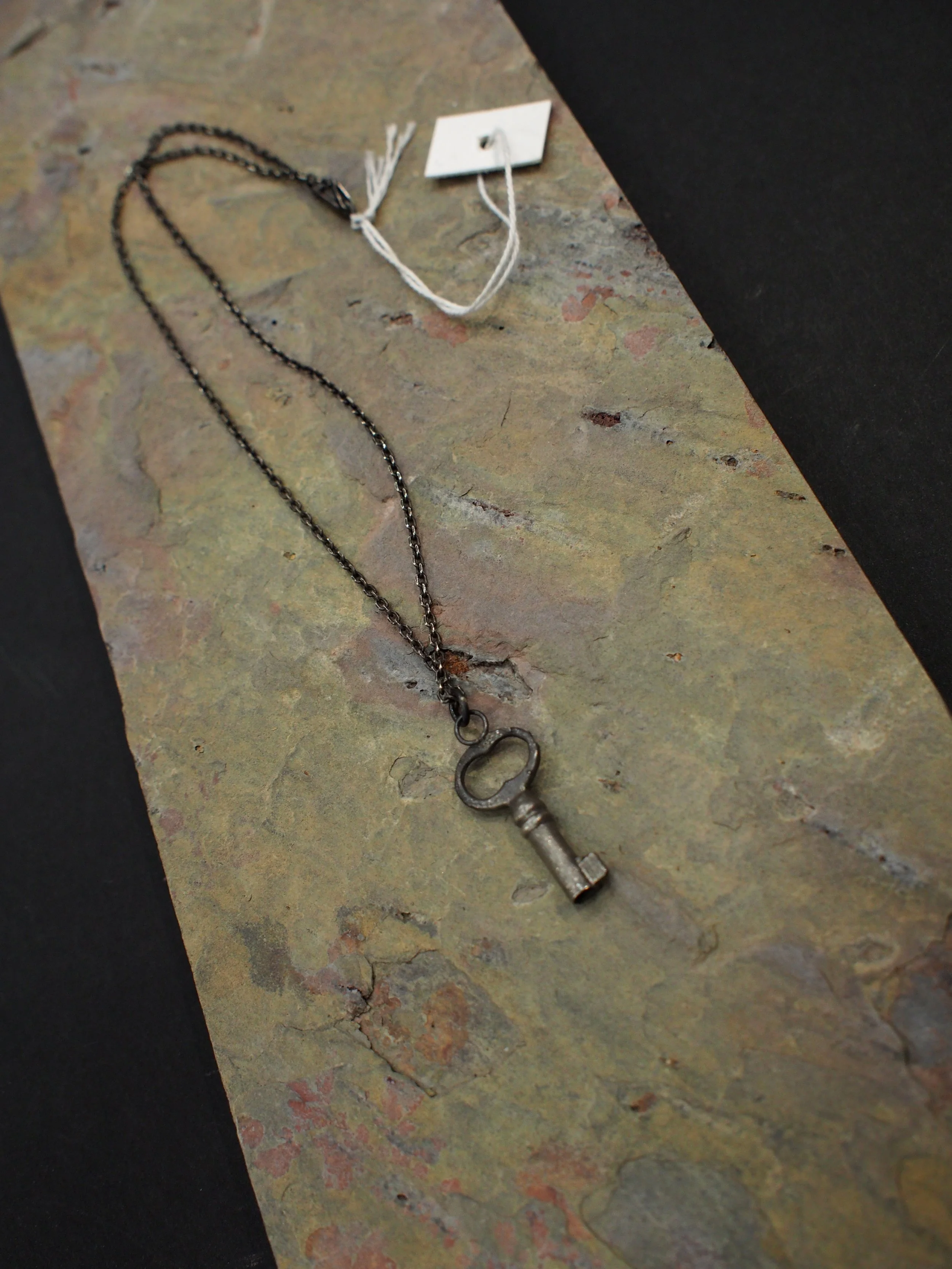 BLACK SOLV Oxidized silver small skeleton key with short chain necklace