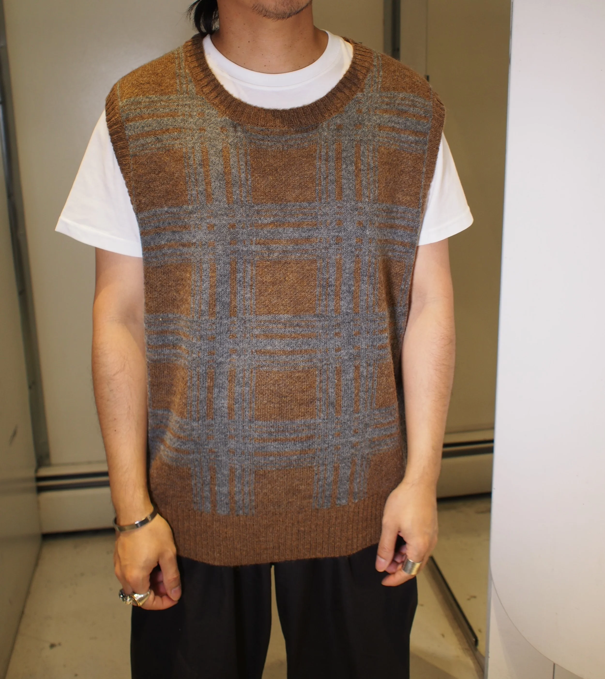 Revolution RVLT Windowpane Loose Knit Sweater Vest - Coffee/Dark Grey