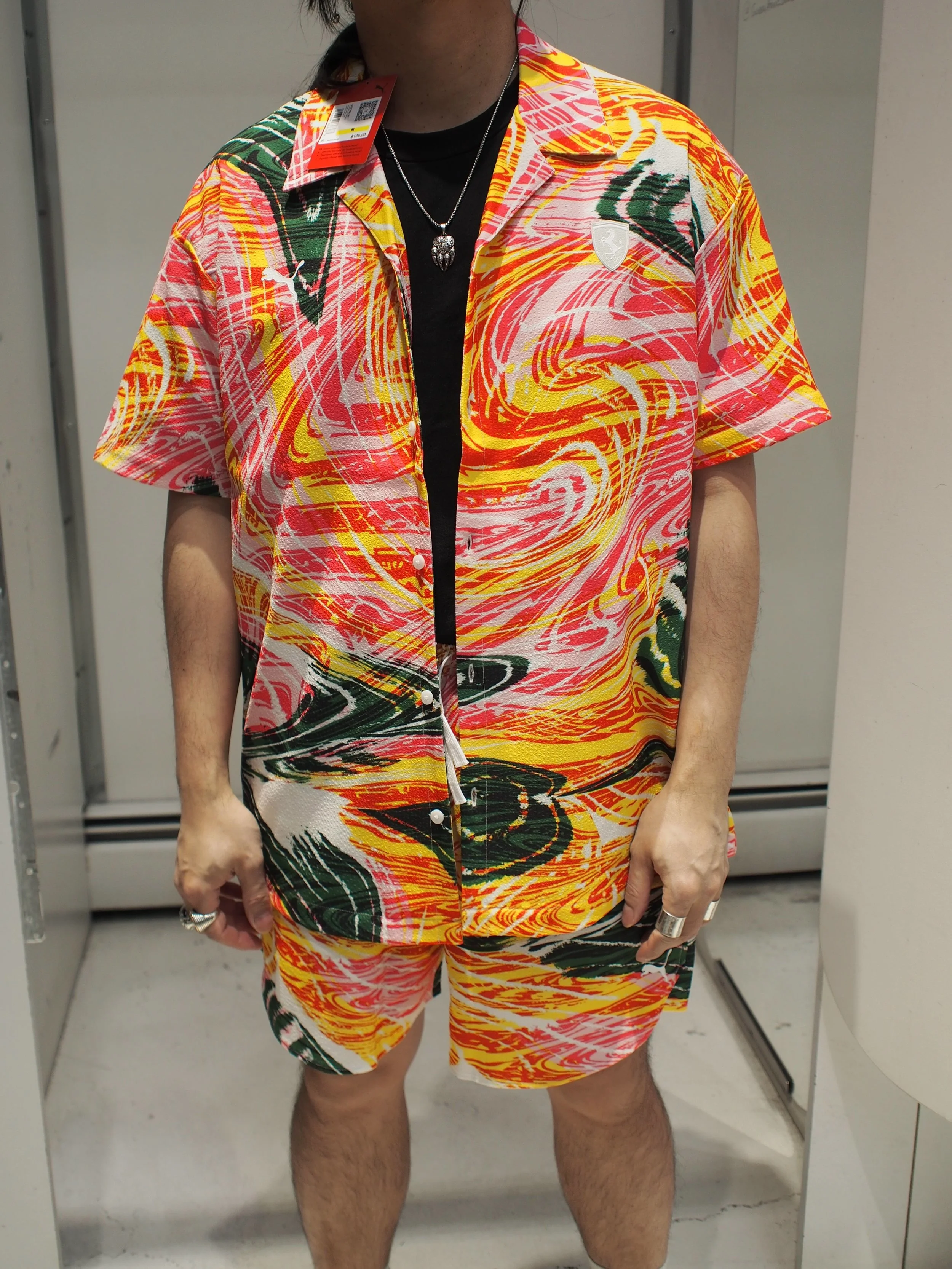 PUMA x FERRARI Race Crew s/s AOP camp shirt (co-ord)- Pink/Speed Yellow