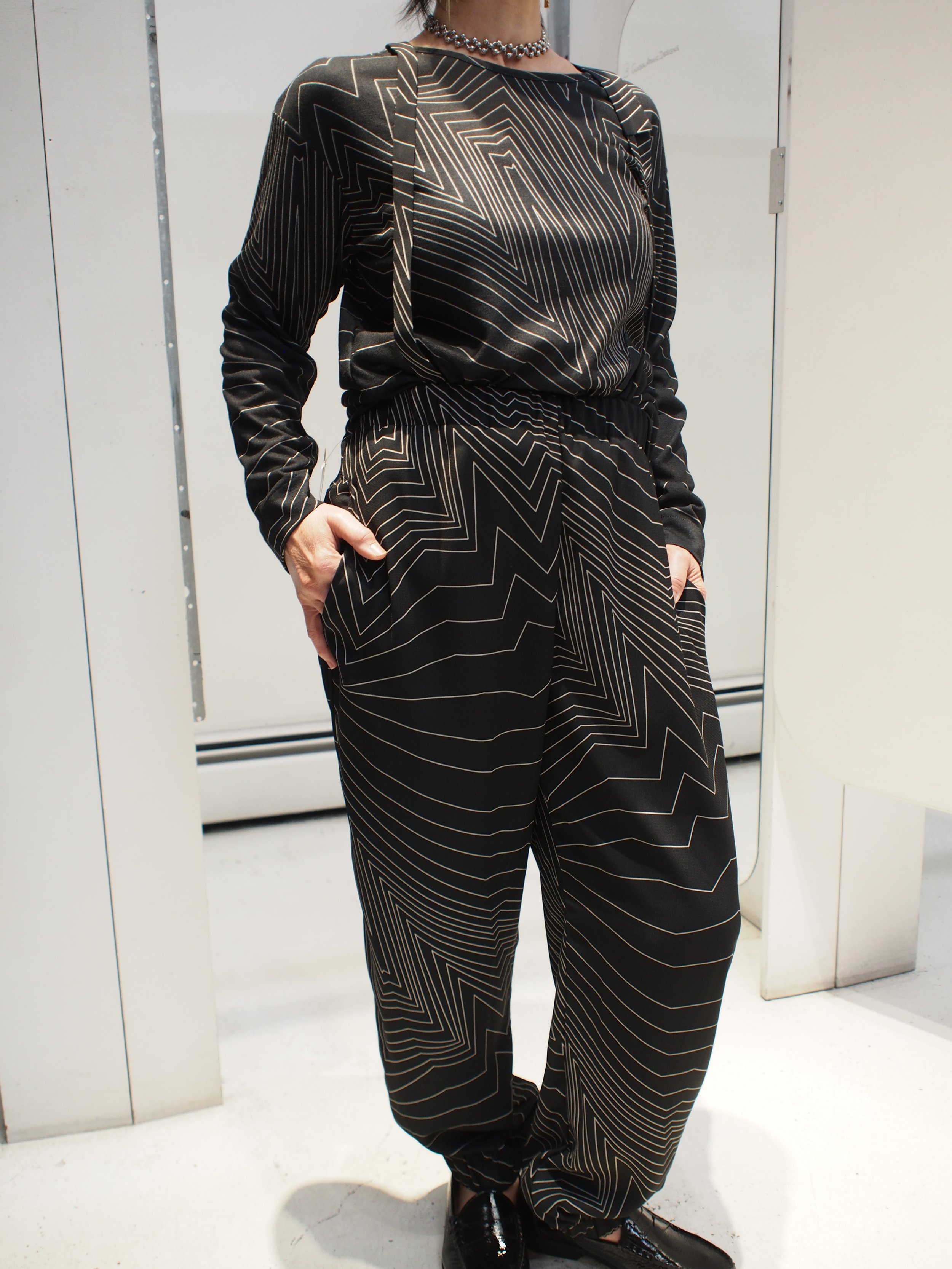 Lotus Eaters ATRAN geometric printed suspender joggers  & BUNCHO top