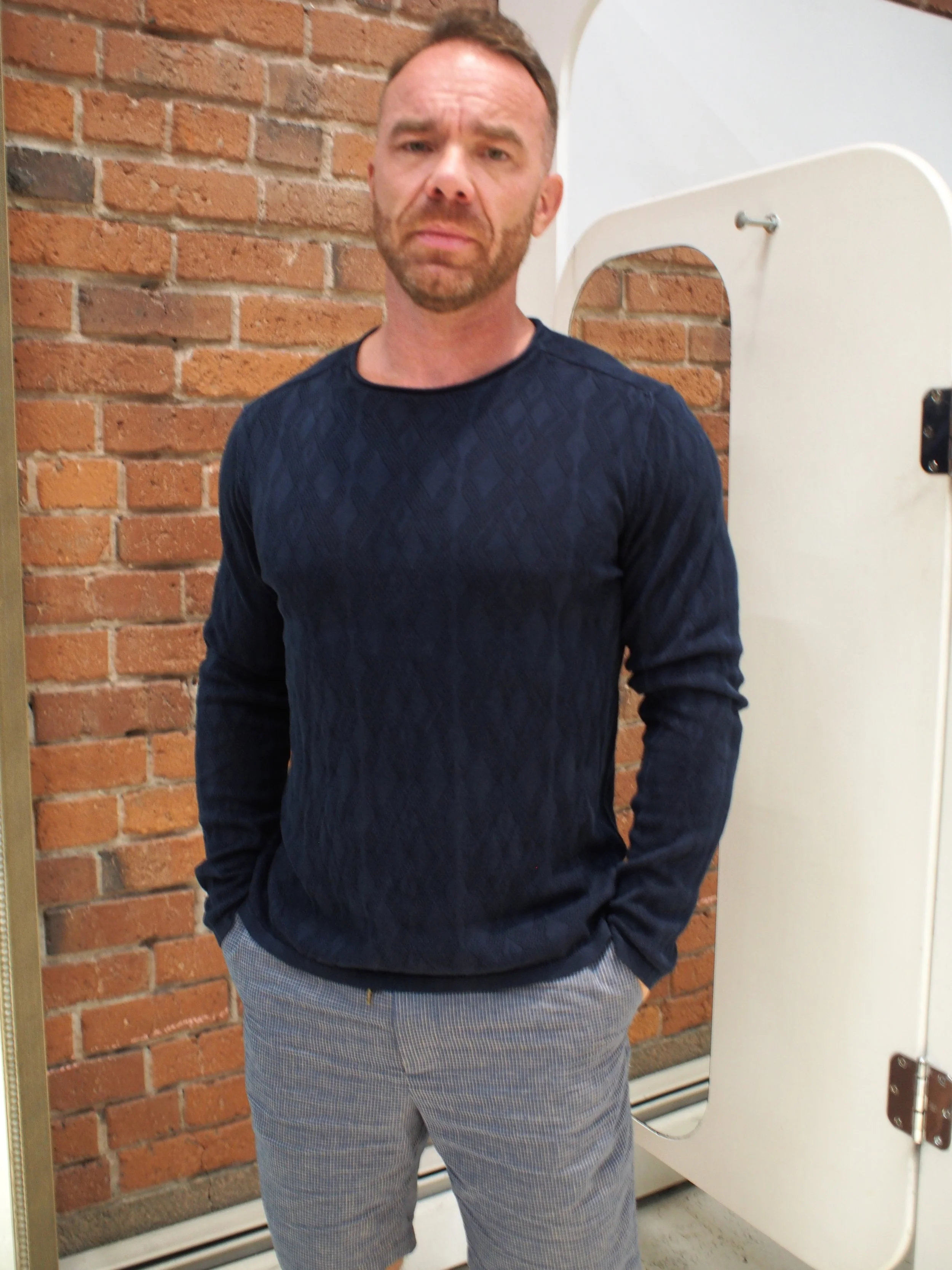 John Varvatos Brycen broken argyle texture L/S crew -  Navy