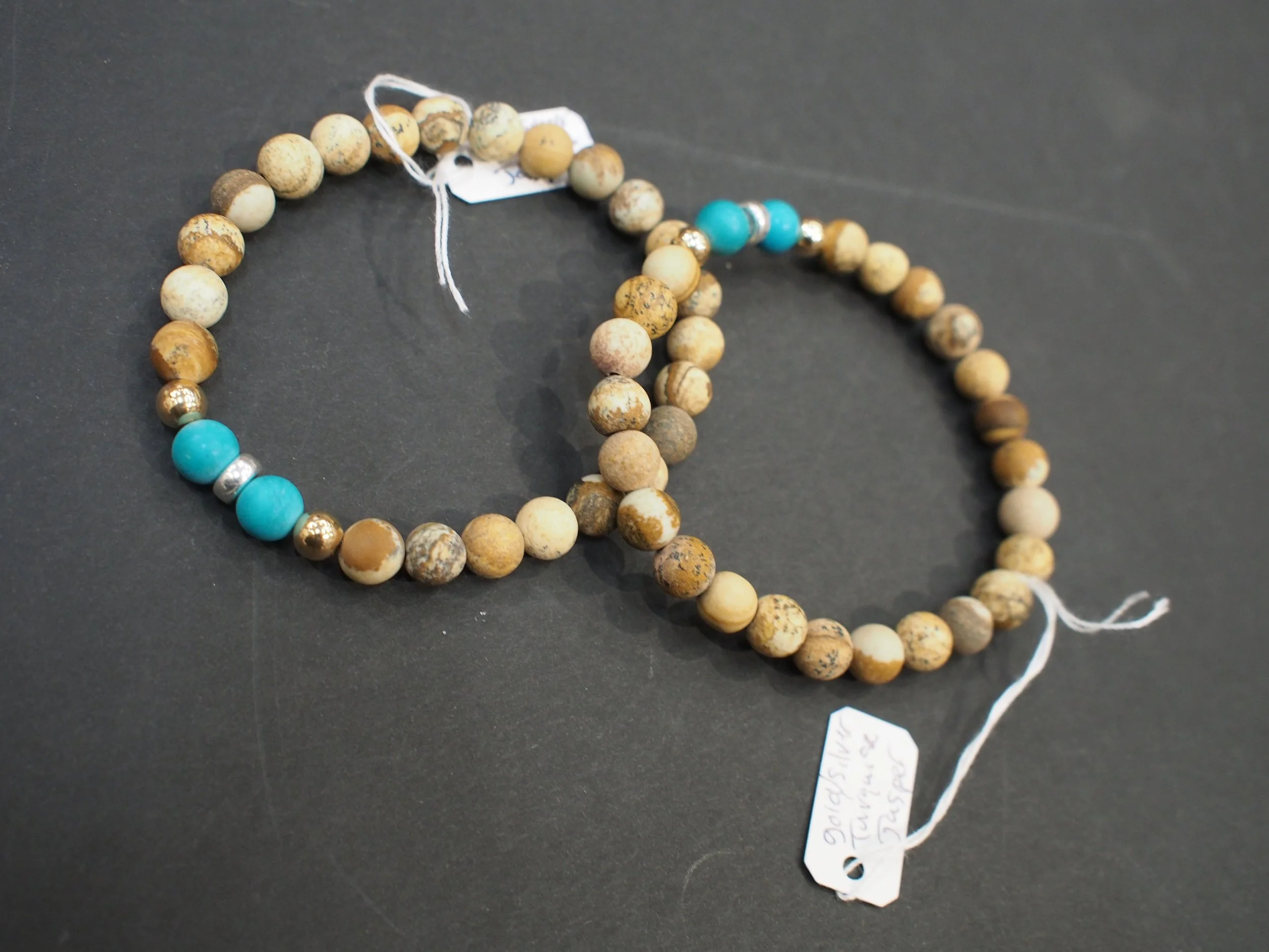 Scandinavia Wolf 6mm natural jasper and turquoise stretch bracelet w/ gold and silver rondels
