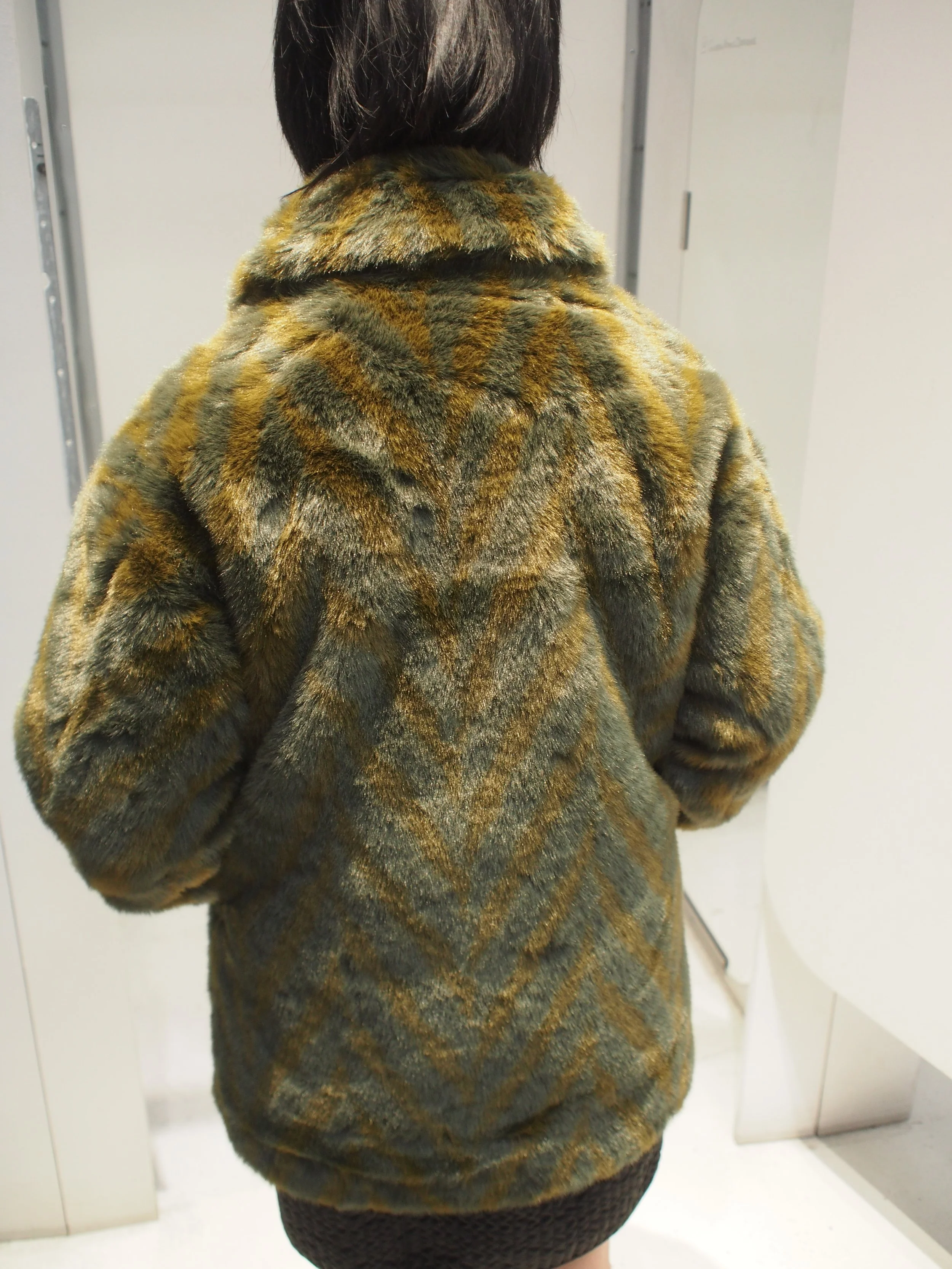 Scotch & Soda A-line Faux Fur Coat - Olive Chevron — GLOBAL ATOMIC