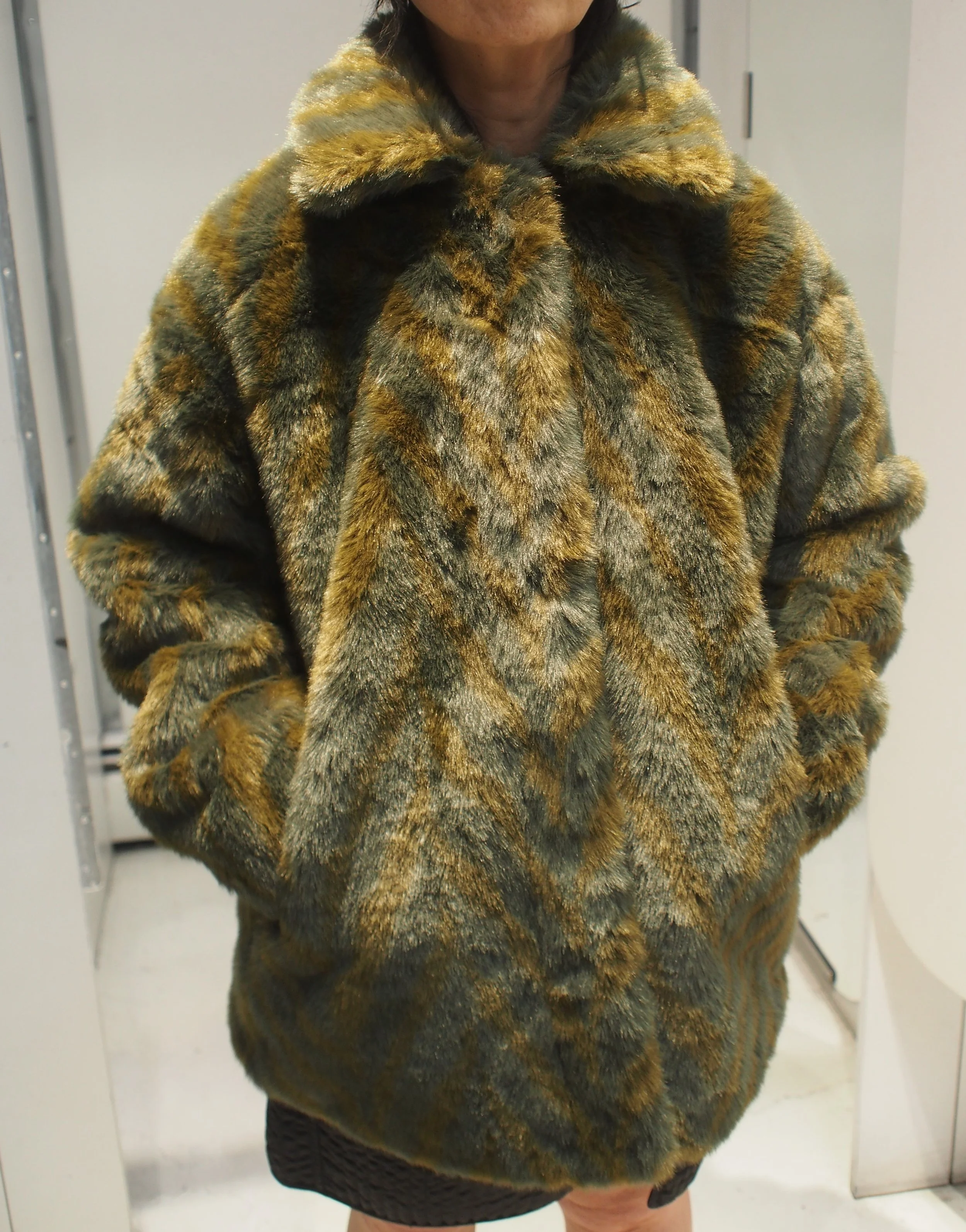 Scotch & Soda A-line Faux Fur Coat - Olive Chevron — GLOBAL ATOMIC