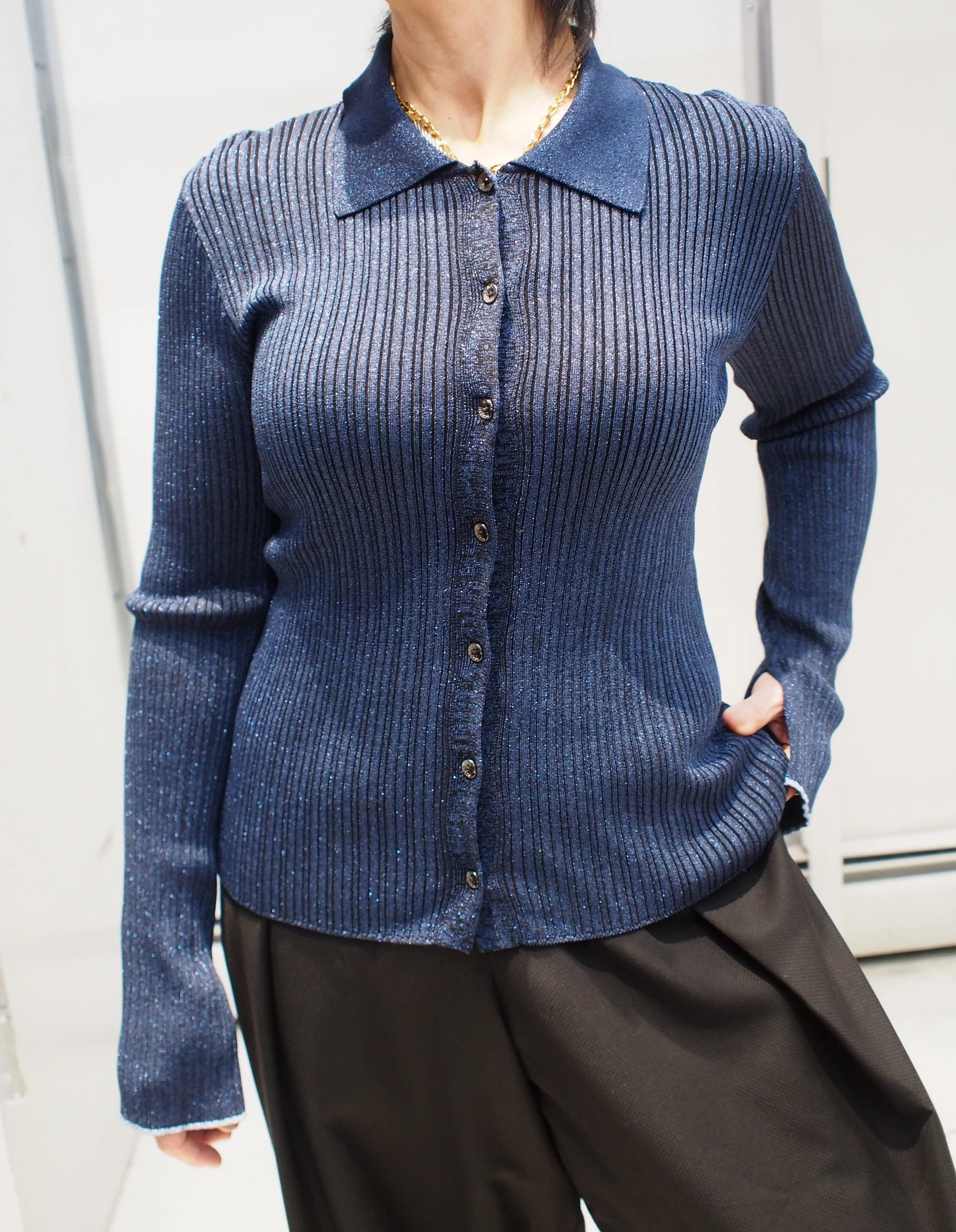 Scotch & Soda Metallic skinny rib knit collared cardigan - Meteorite/Peacoat