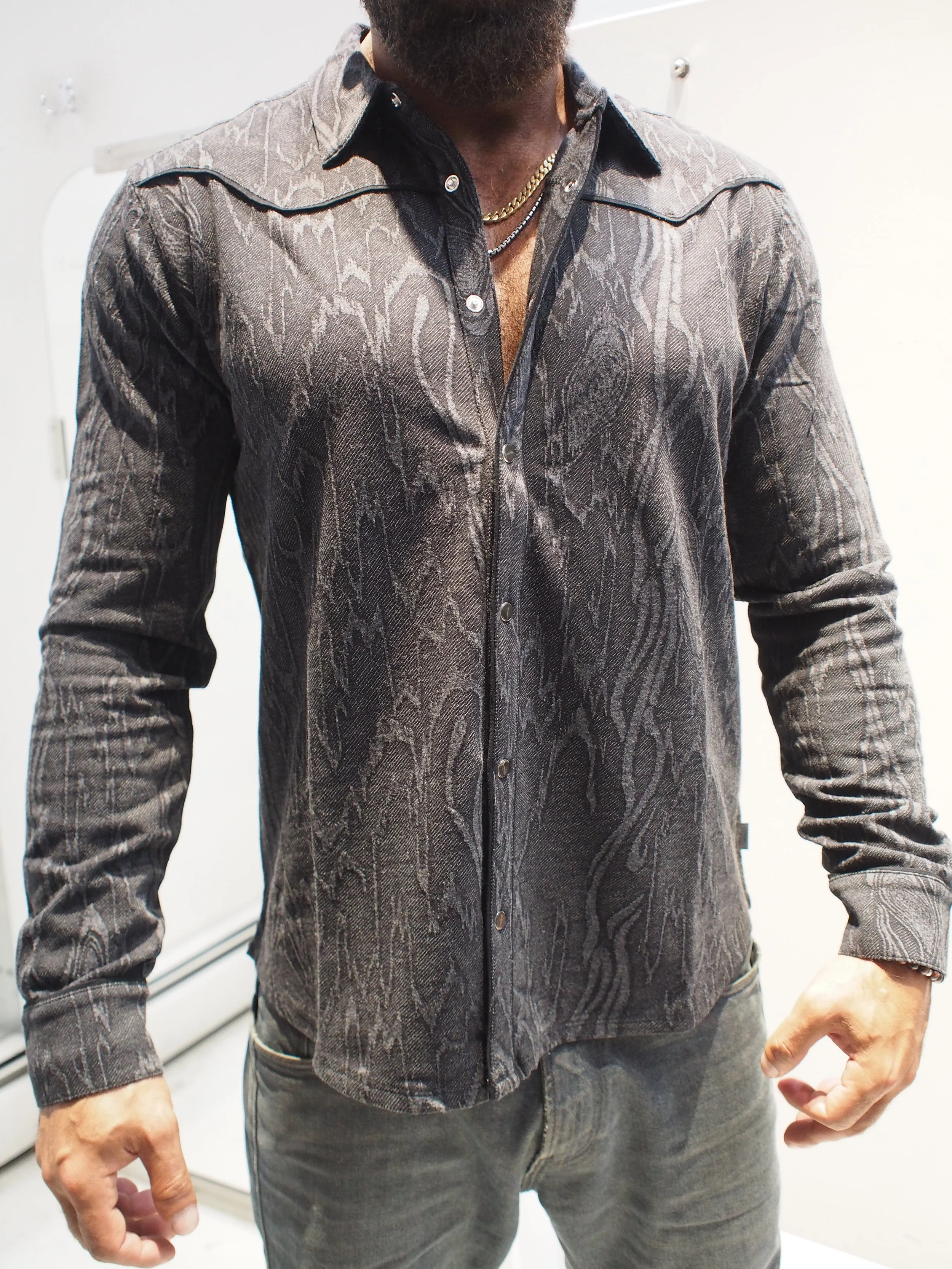 John Varvatos Miner western shirt with piping - Black Jacquard