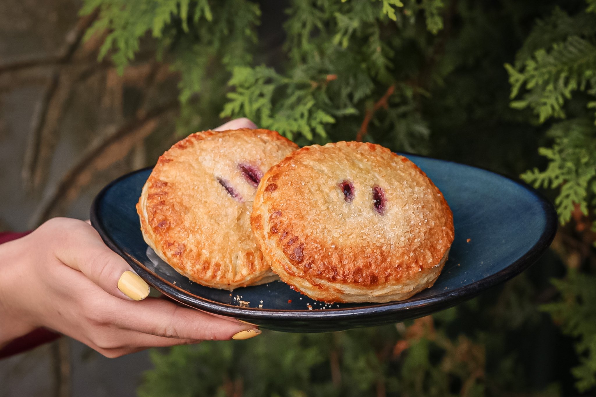 This week's weekend pastry is a good one. We will be featuring Blackberry Peach Hand Pies! 🍑

A buttery, flaky crust houses a blackberry peach-flavored filling, and it is dusted with cinnamon sugar to polish it off! It's springy, fruity, tart yet sw