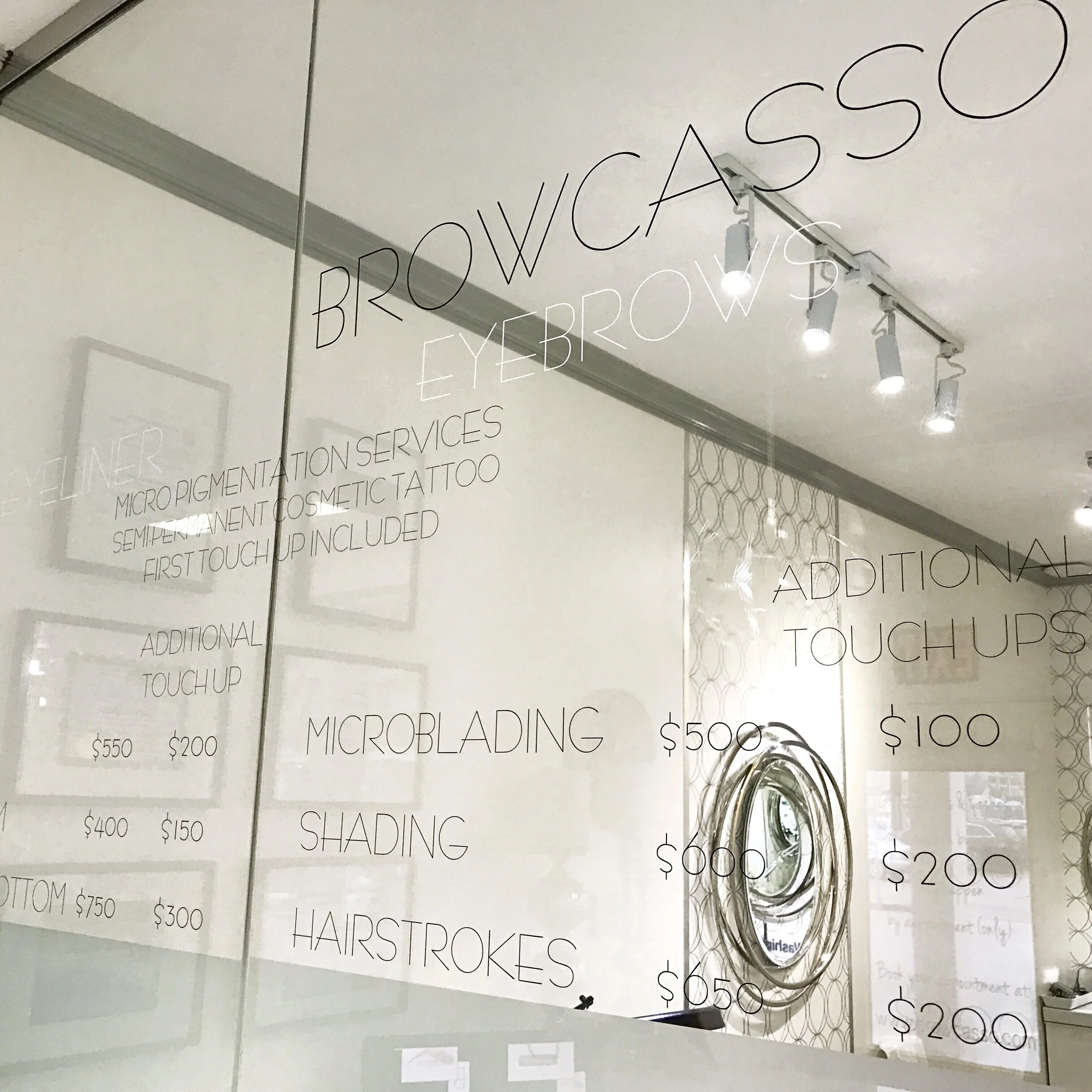 "We are more than happy with our new glass wall signage & installation. We can't thank you enough for your meticulous work, attention to detail, and your bubbly, friendly positive energy! You brought our vision to life once again with this project. And we love it as much as we love the door project you complete for us last year. We will definitely be calling on you for all of our future projects! Thanks x a million " - Paula M., BROWCASSO Salon