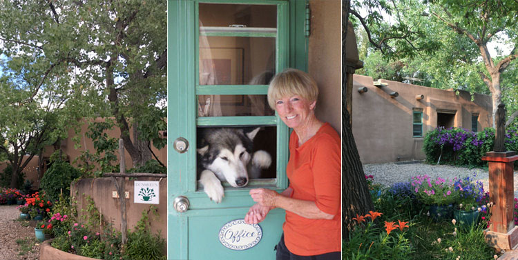 Left: Night view of the B&B main house. Center image: Hostess Susan Dunshee and Brio. Right: Entrance to B&B suite.
