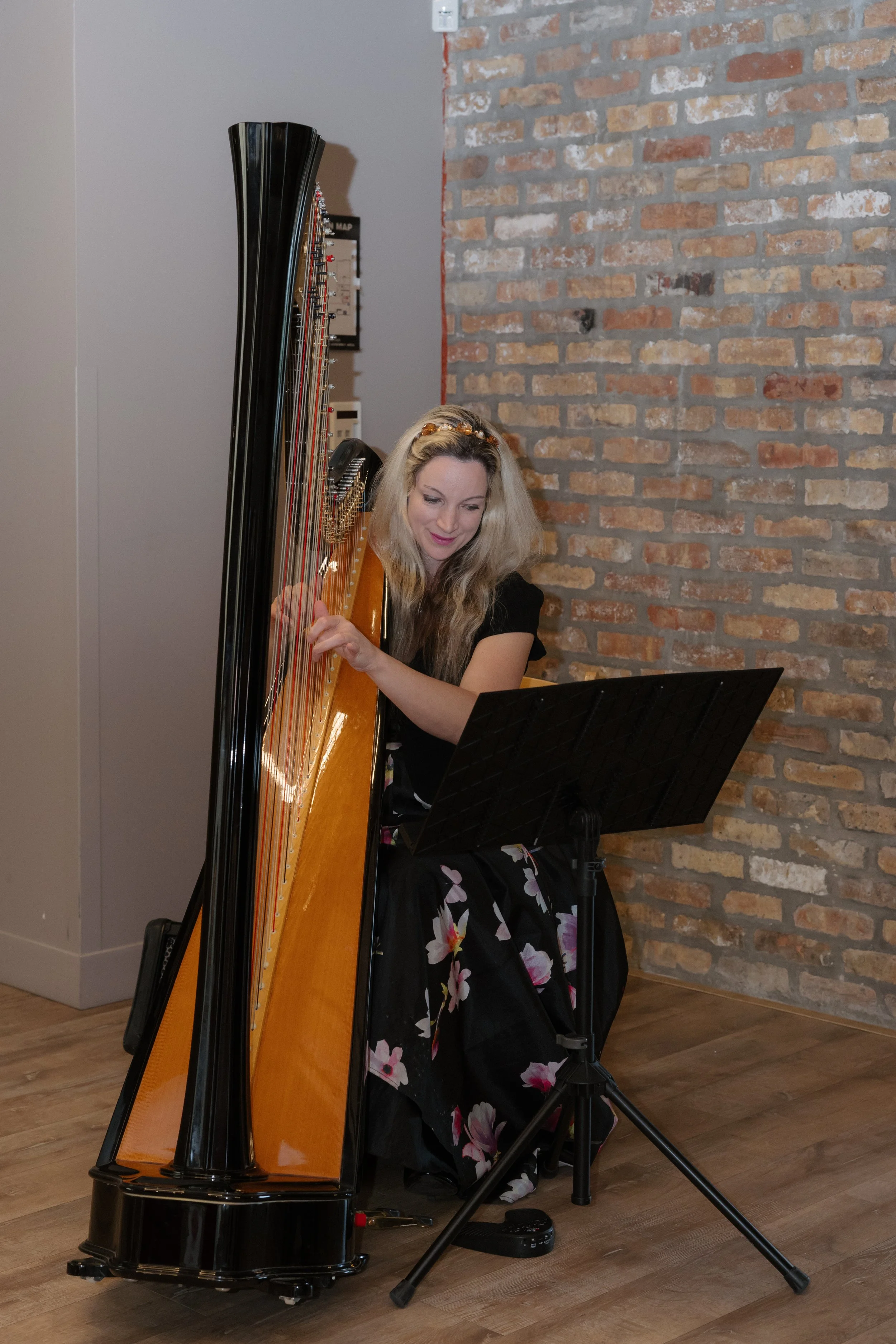 Harp positioned for wedding ceremony at Walden Chicago