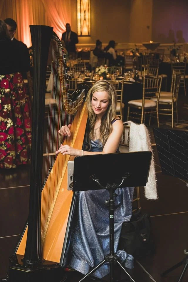 Chicago harpist performing live music at a corporate event