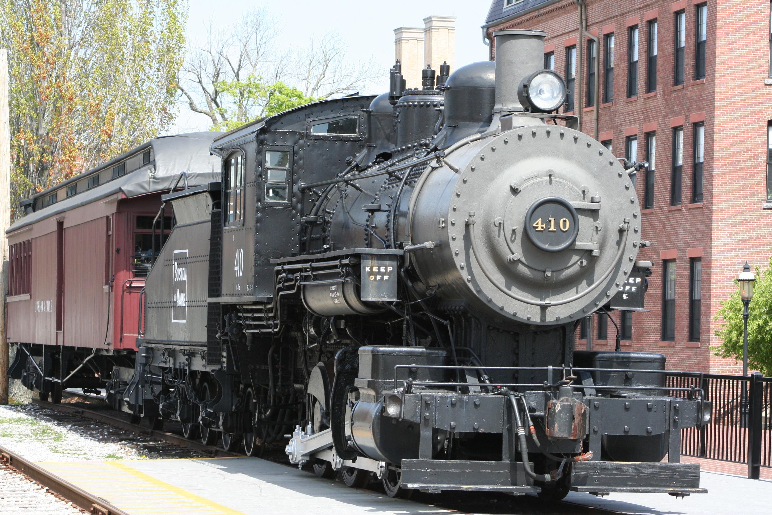 B&M No. 410 (0-6-0) Class G-11-a and Coach Baggage Combine No. 1244 on display at Lowell, Mass., April 26, 2012. Rick Nowell photo. B&MRRHS Archives.