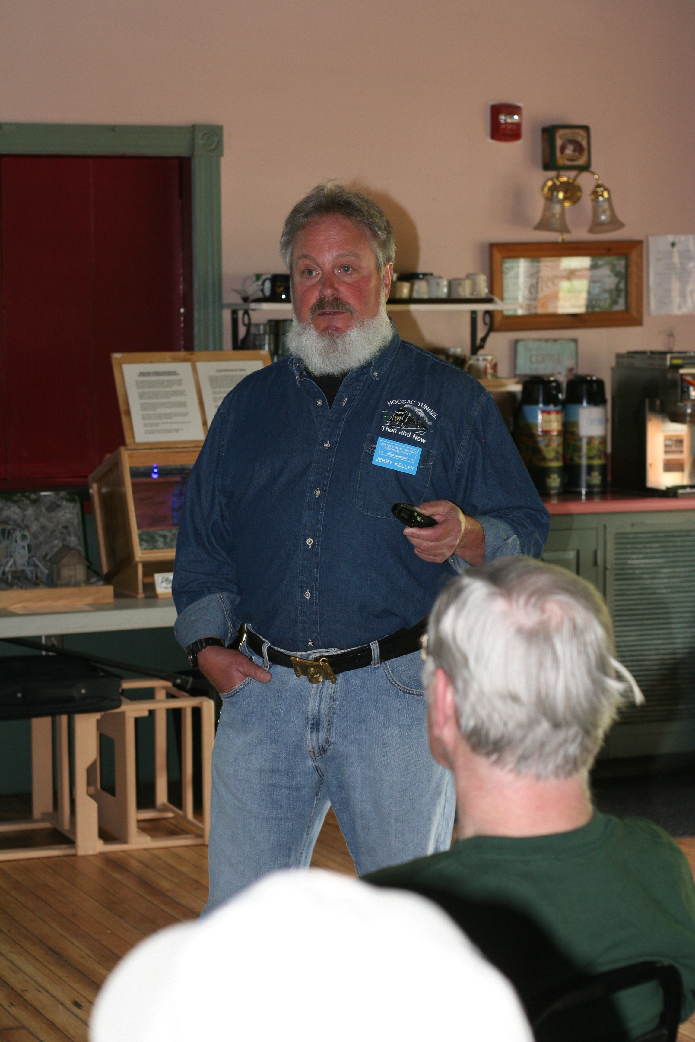 Jerry Kelley describes the construction of the Hoosac Tunnel at B&MRRHS meeting at Plymouth, N.H. depot, May 21, 2016