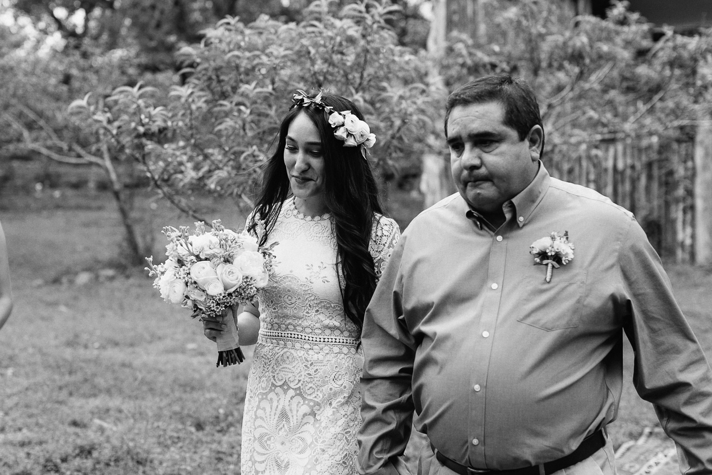 Wimberley Texas Bride and Father Walking Down Aisle Black and White
