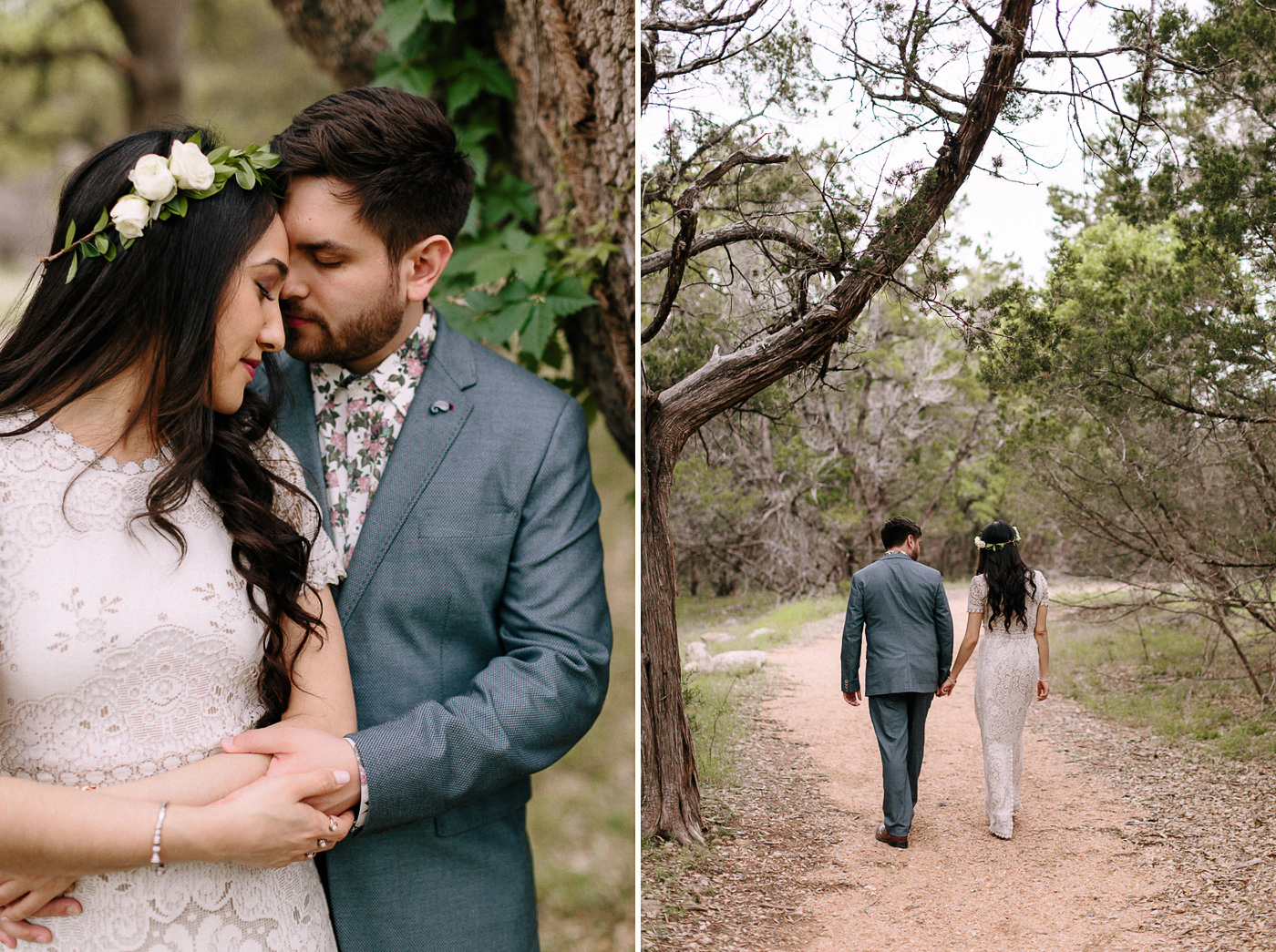 Blue Hole Regional Park Wimberley Texas Wedding Bride and Groom Embracing and Walking