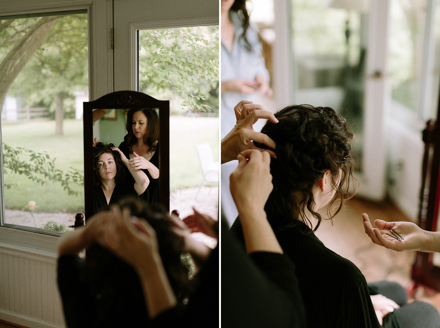Mom styling her daughter's hair wedding day