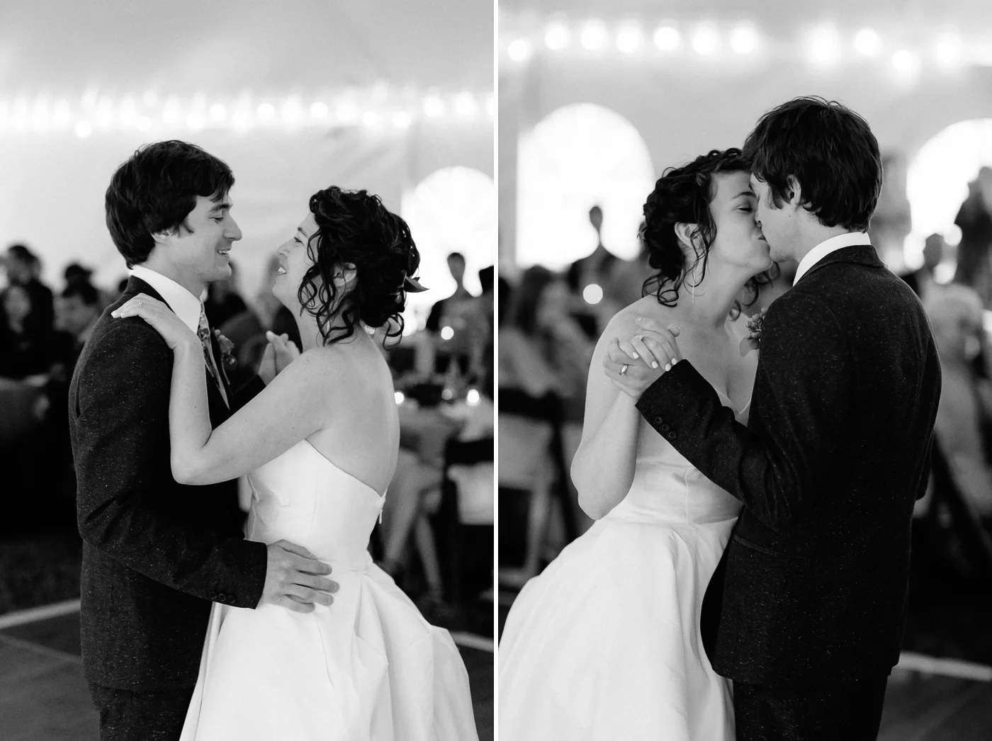 Bride and groom first dance laughing and kissing