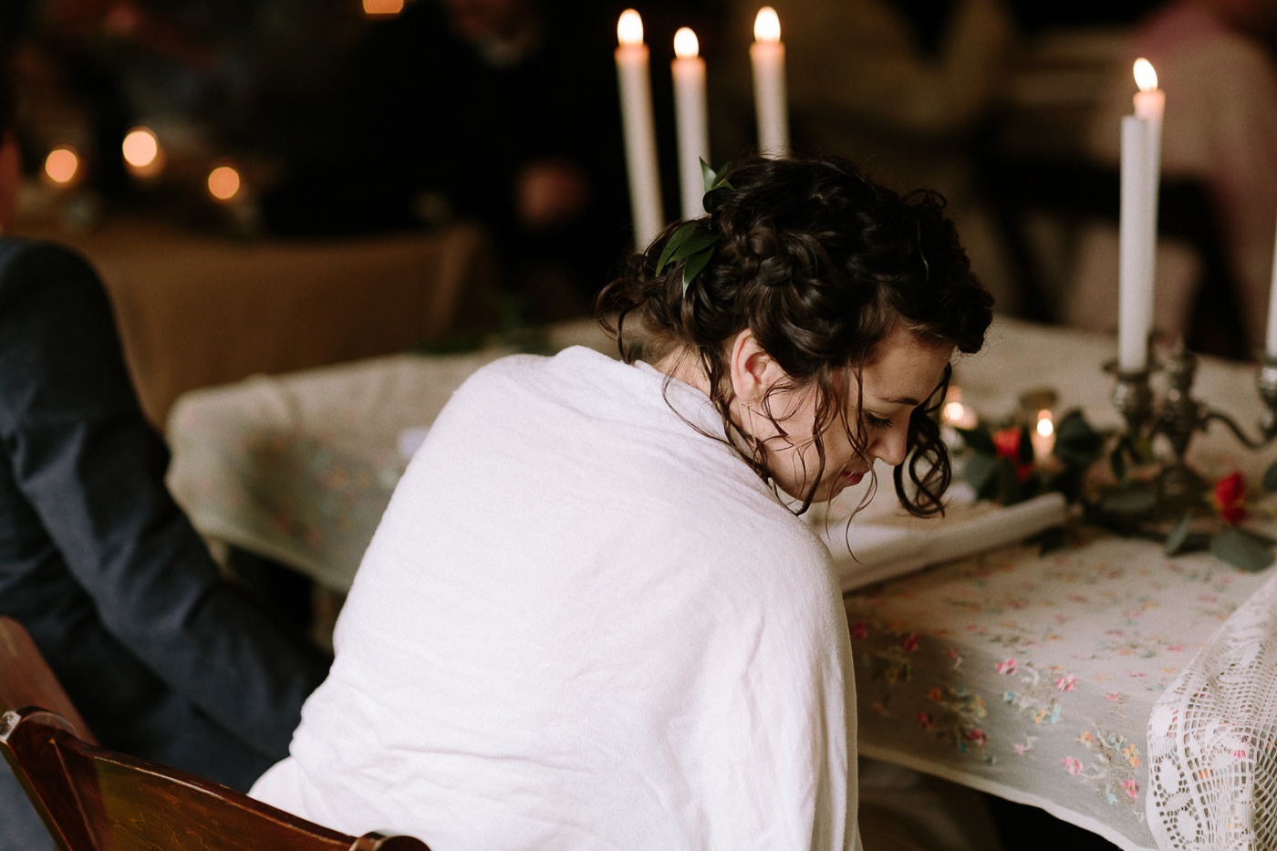 Bride in-between moment at reception