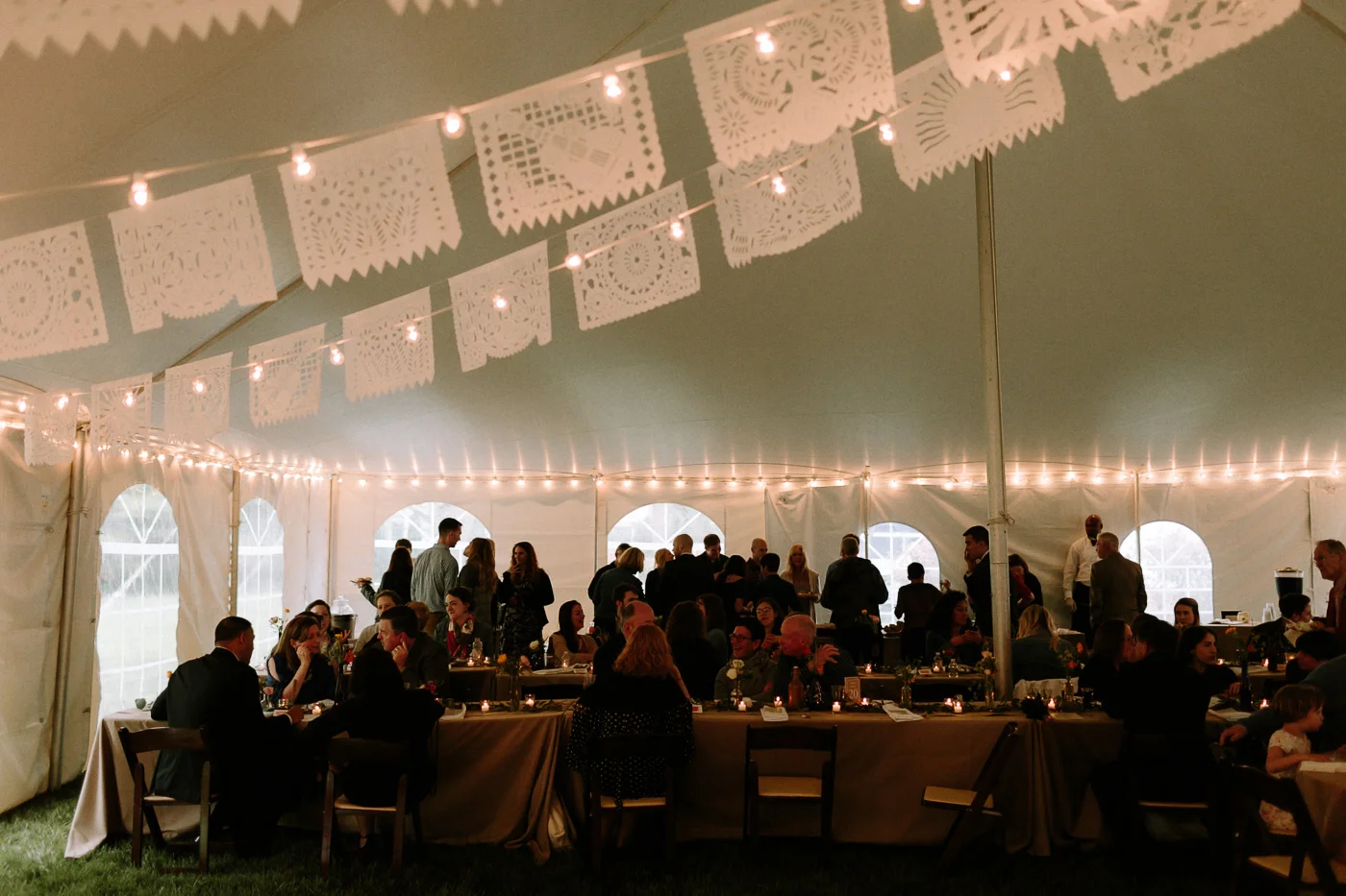 Wedding reception tent dinner