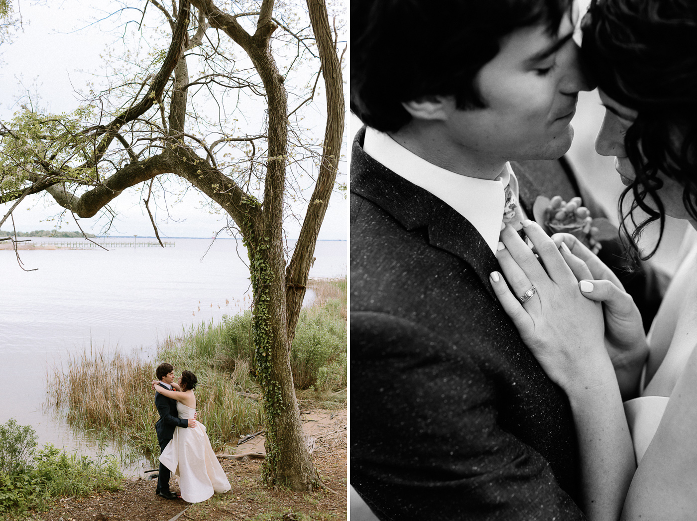 Bride and groom at waters edge by a tree