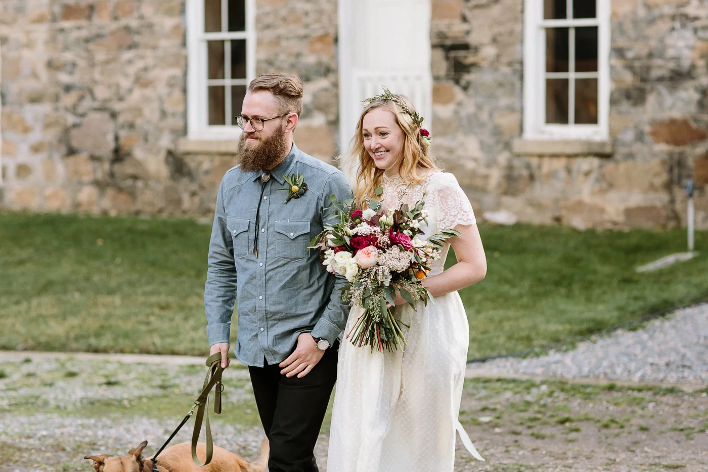 Bride and groom walking to ceremony