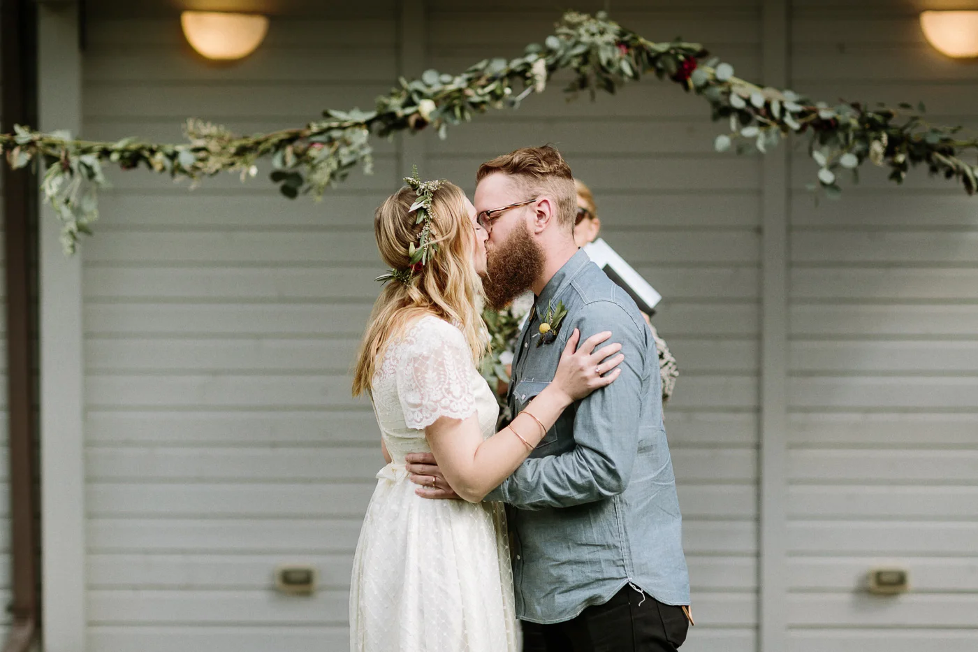 Bride and groom first kiss