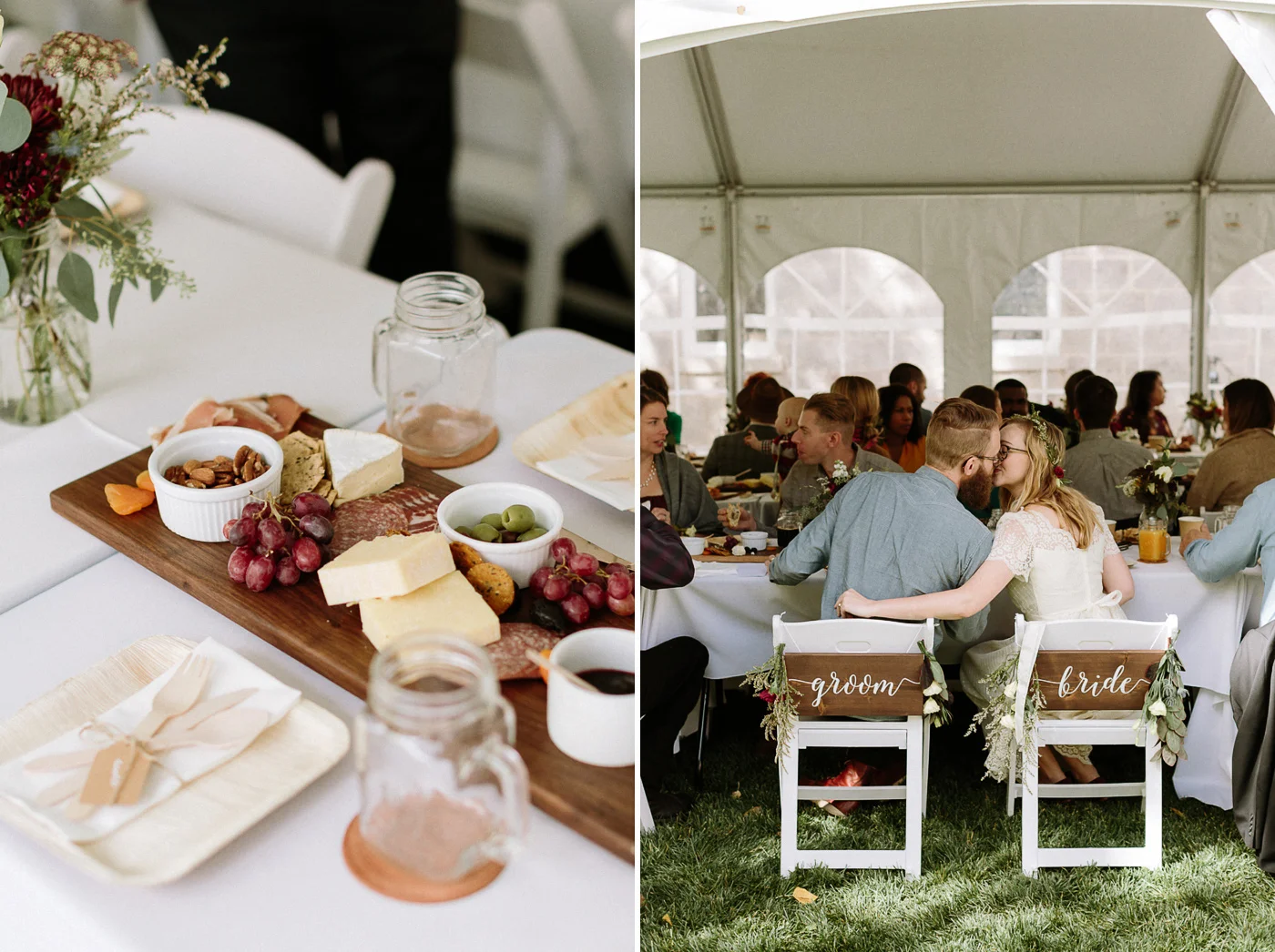 Reception food bride and groom chairs