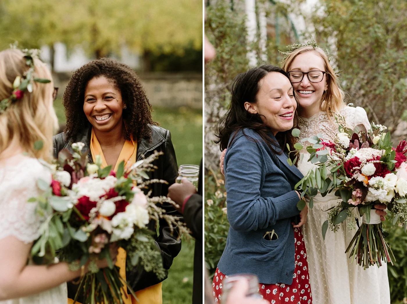 Wedding guests hugging bride