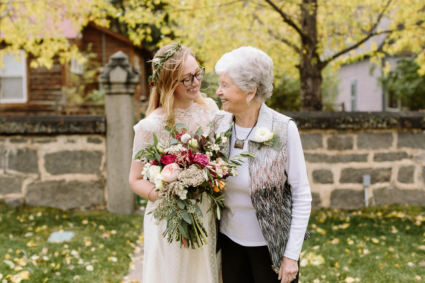 Bride laughing with her grandmother