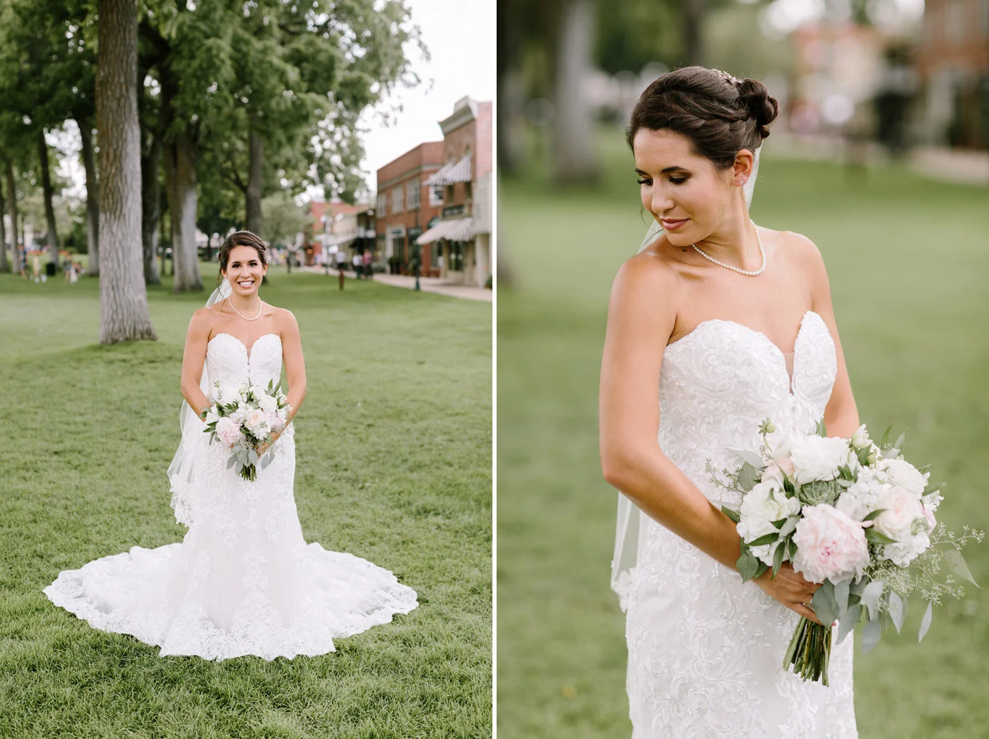 Bride smiles with flowers at a park in Petoskey