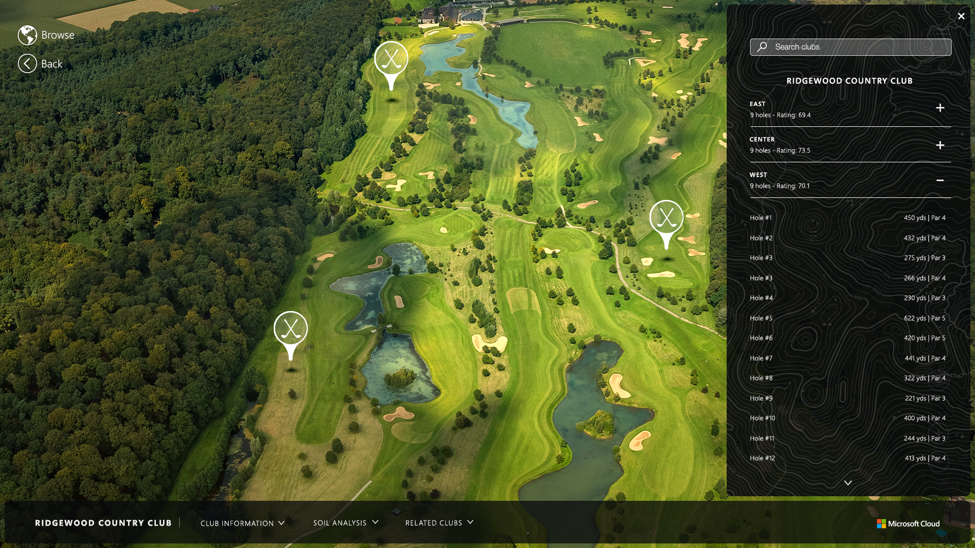  A quick nav allows for users to easily search or jump to other courses and holes within the same club. 