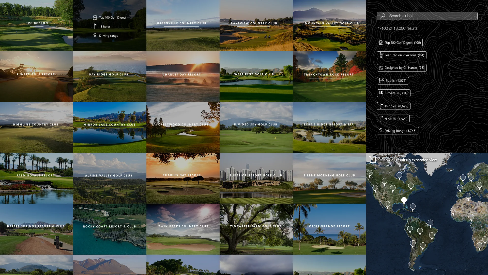  Hovering over a club reveals additional information about each one and activates the corresponding pin on the map. 