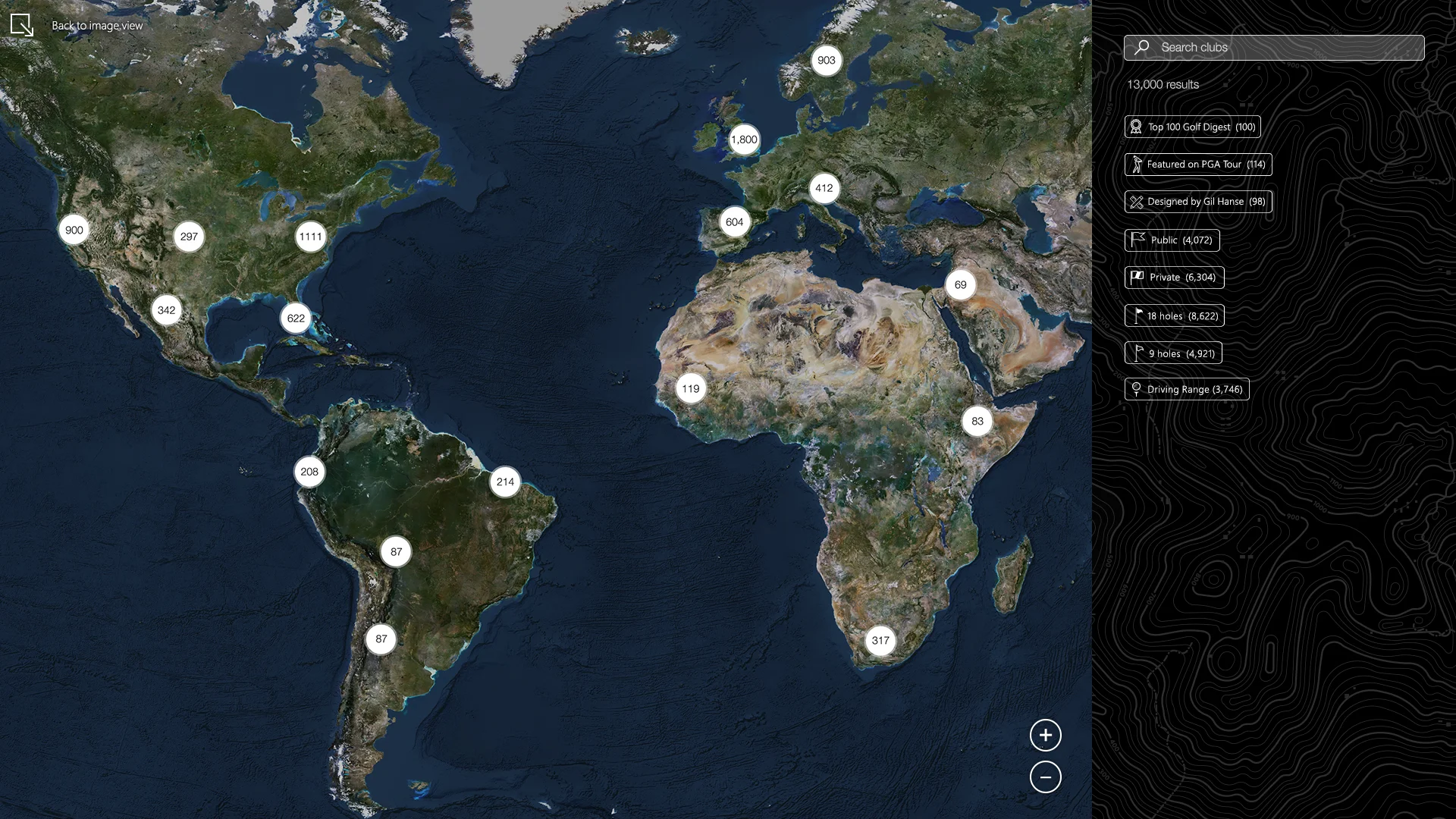  The expanded map view shows clustered results of all clubs matching the search parameters.&nbsp; 