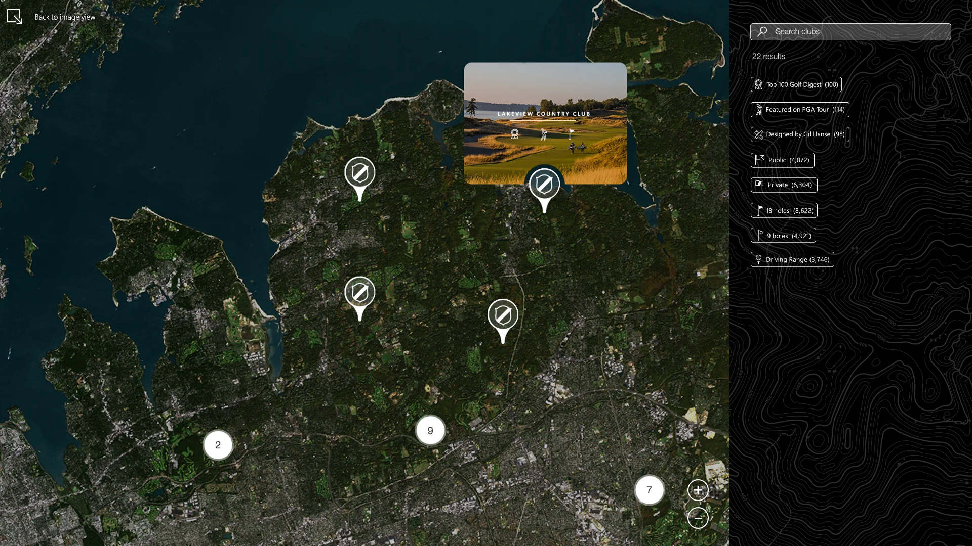  Zooming in reveals club pins with hover states. Users can explore any club by clicking on the active tile. 